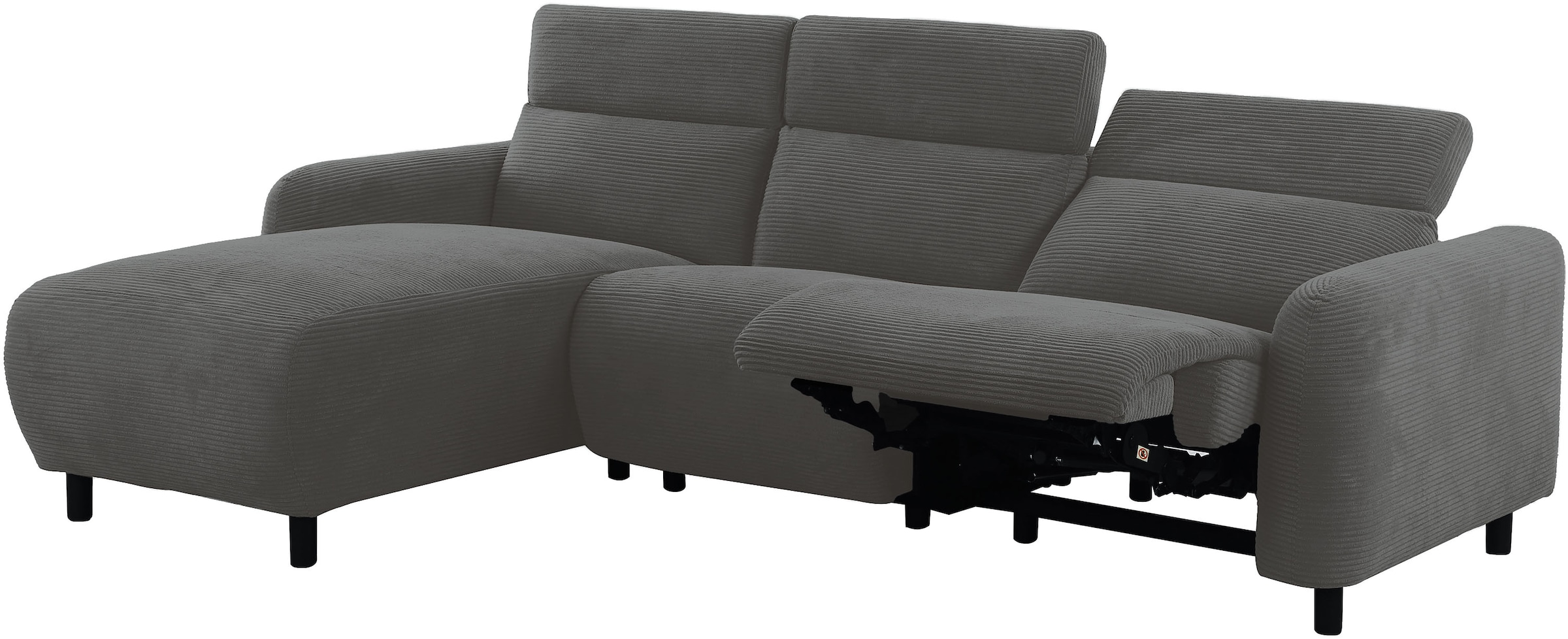 OTTO home Ecksofa »SKAANE in Cord, L-Form, 274 cm, manuelle u. elektrische Relaxfunktion,« rundes Design, Kopfteilverstellung, Federkernpolsterung