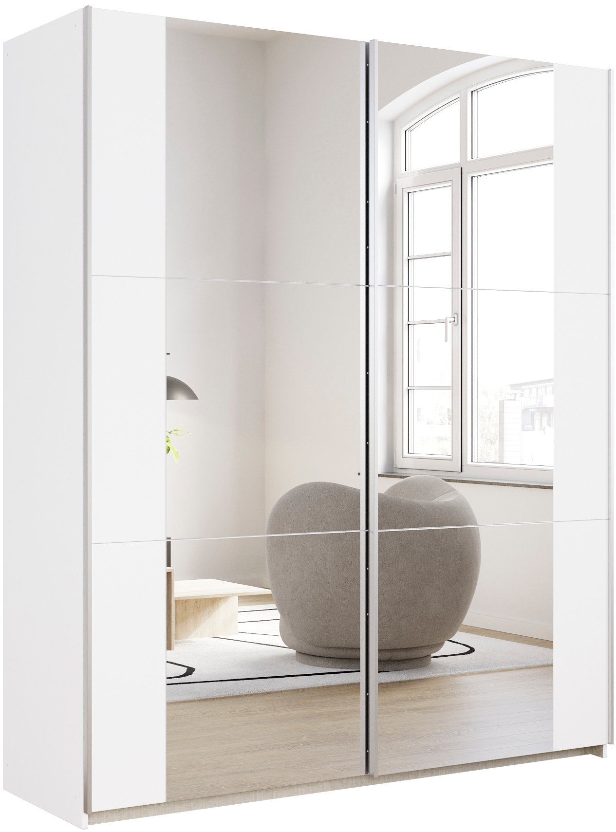 rauch Schwebetürenschrank "Kleiderschrank Drehtürenschrank Schrank Garderobe KRONACH" in 3 Ausstattungen BASIC/CLASSIC/PREMIUM, Breiten 131/175/218/261 cm, optional ohne, mit 1 oder 2 Spiegel, viel Stauraum MADE IN GERMANY