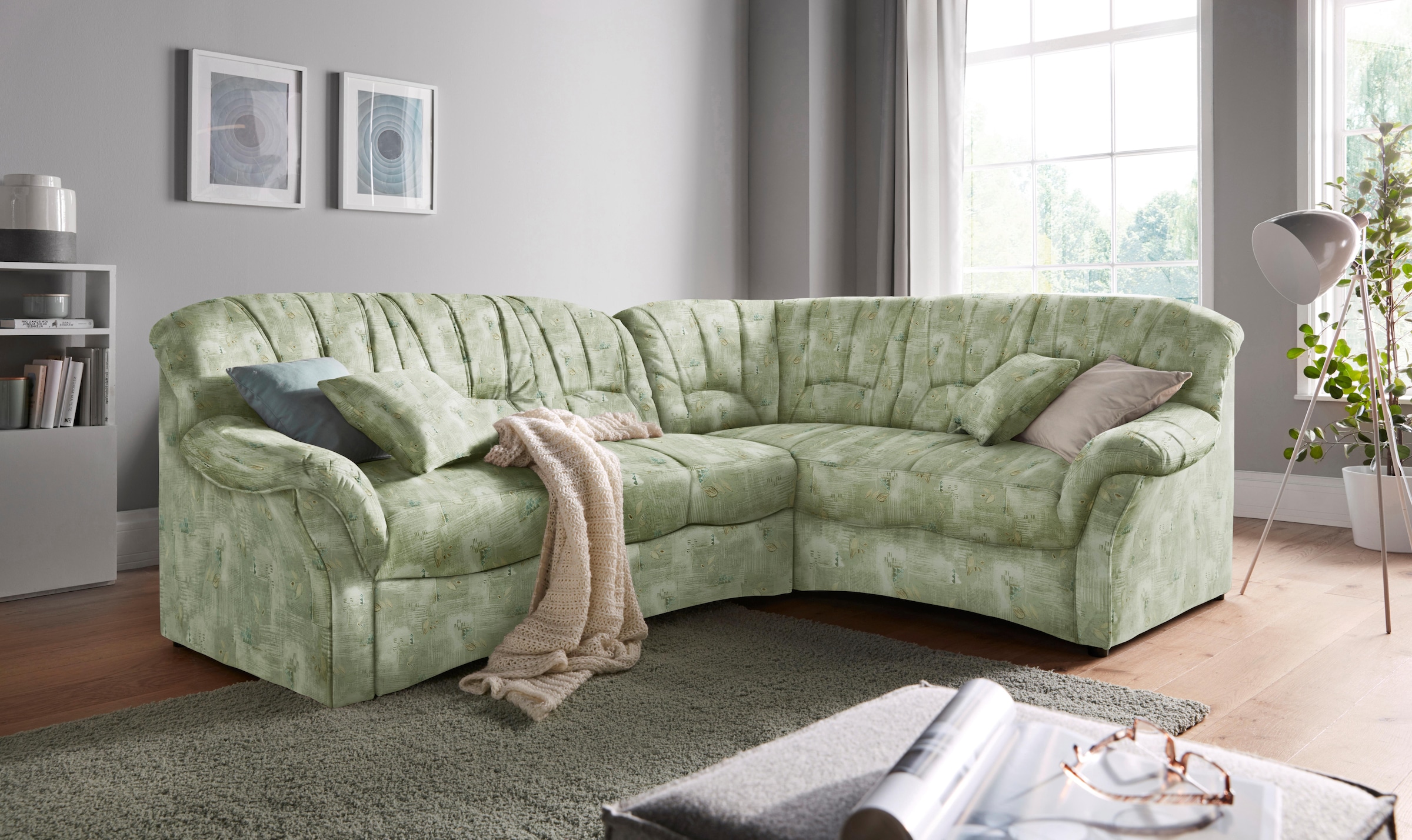 DOMO collection Ecksofa "Bahia, zeitlos & elegant, Breite 256cm, bequeme Armlehnen, L-Form" Microfaser, natur
