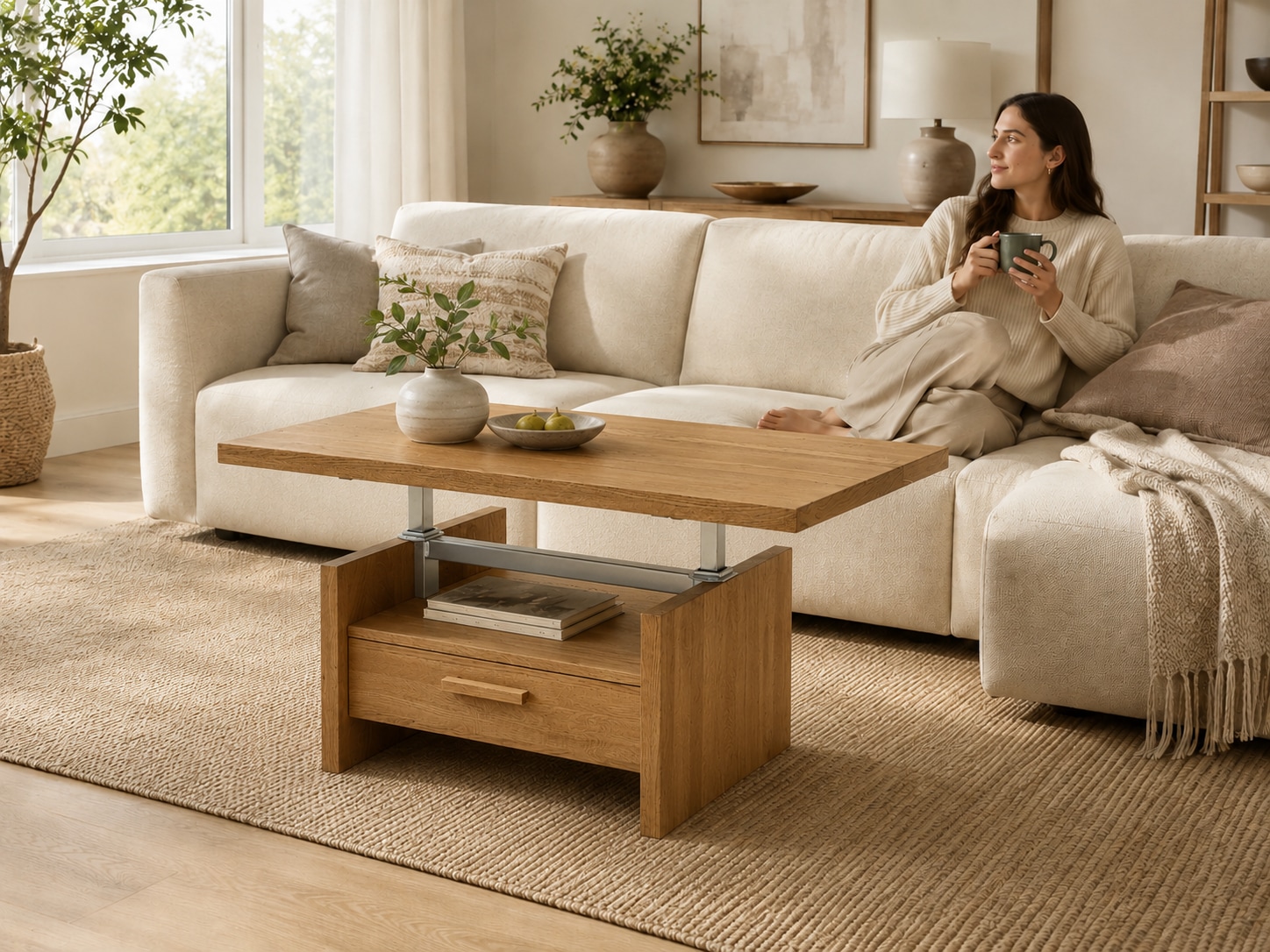 OTTO home Couchtisch »Ravenna, Kaffeetisch« Wildeiche Natur/Smoke massiv, Liftfunktion, Schublade, Ablage