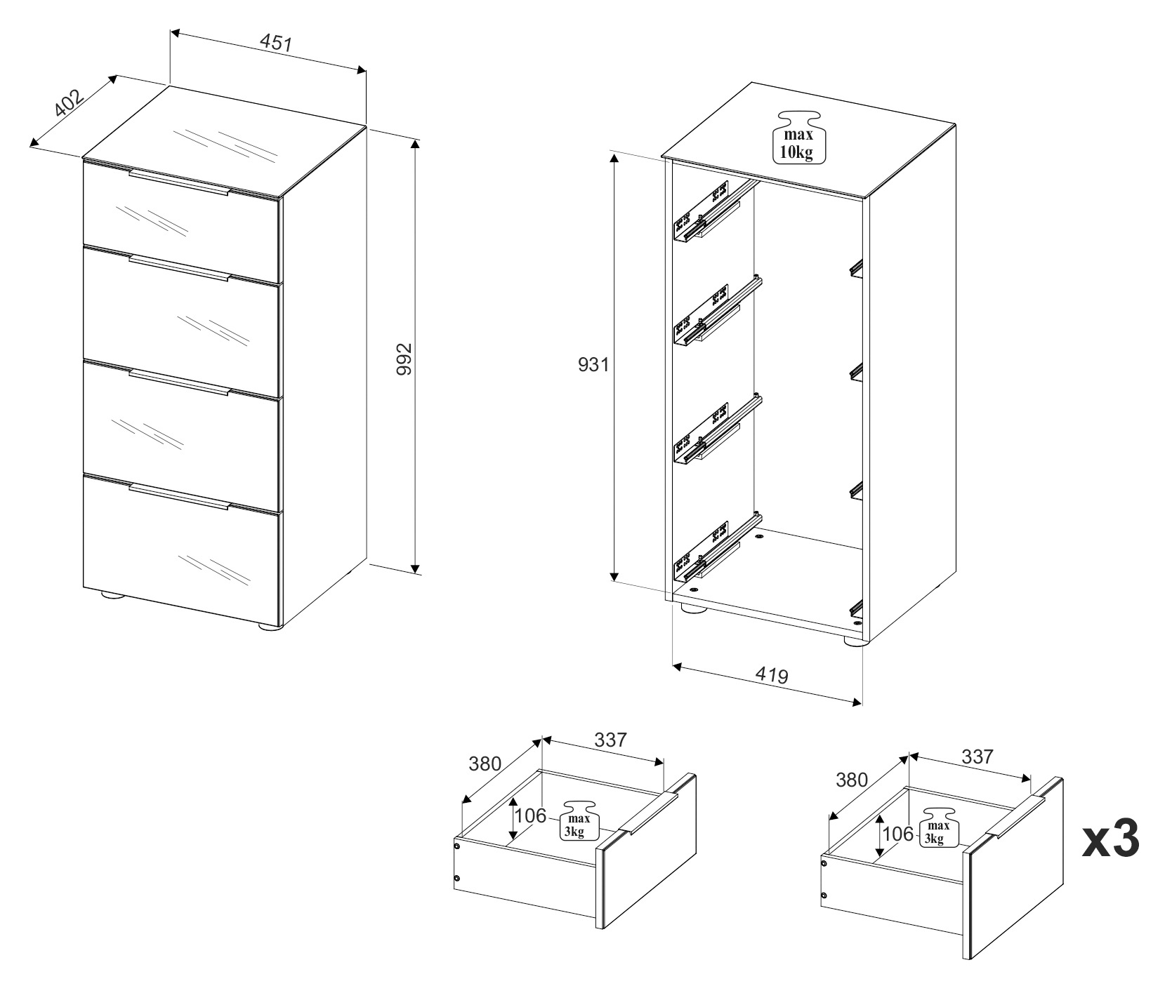 HBZ Kommode »Santorin Mehrzweckschrank mit Schubkästen, BxHxT 45x99x40 cm«, (1 St.), Mit 4 Schubkästen mit Softclose, Glasfront und Glasoberboden