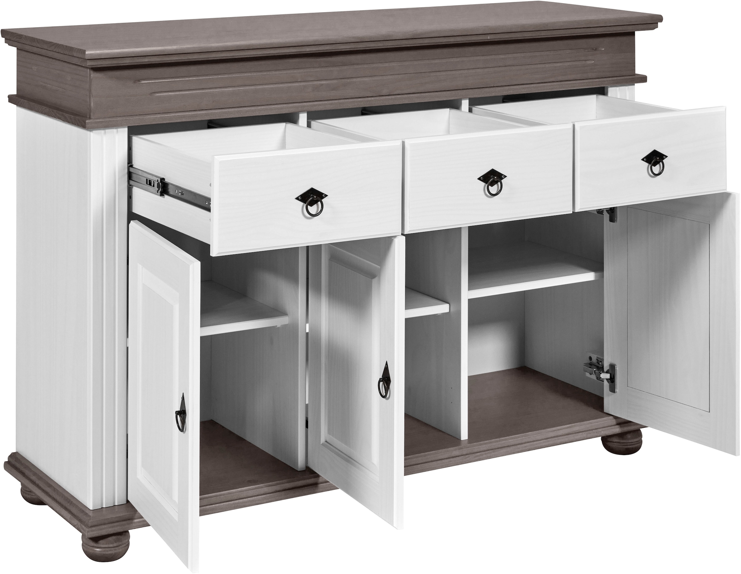 Inter Link Anrichte »Halmaro, Kiefer Massivholz, Soft-close, 141 x 46 x 100 cm, Stauraum« 1 Stk. tlg. Sideboard in Weiss, Grau/Lava, Landhausstil, 3 Türen, 3 Schubladen