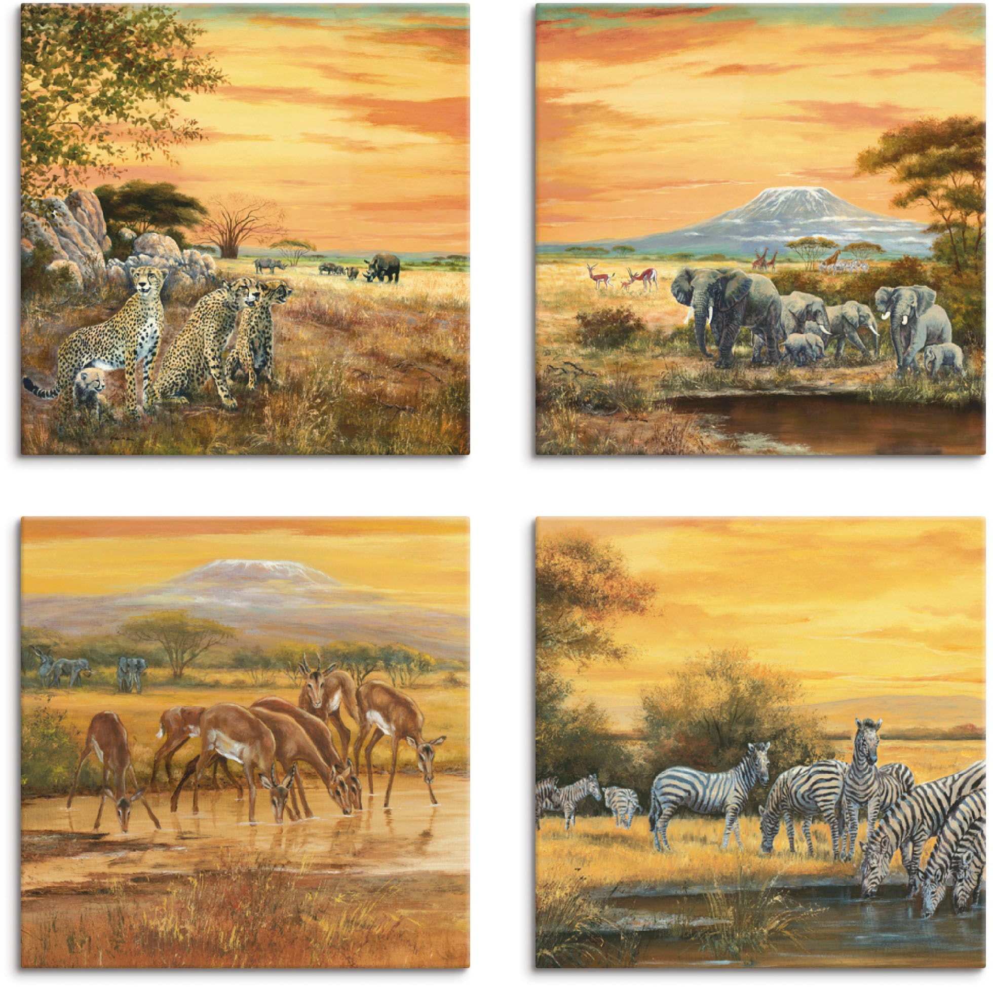 Artland Leinwandbild "Geparden Elefanten Zebras in der Steppe", Wildtiere, (4 St.), 4er Set, verschiedene Größen