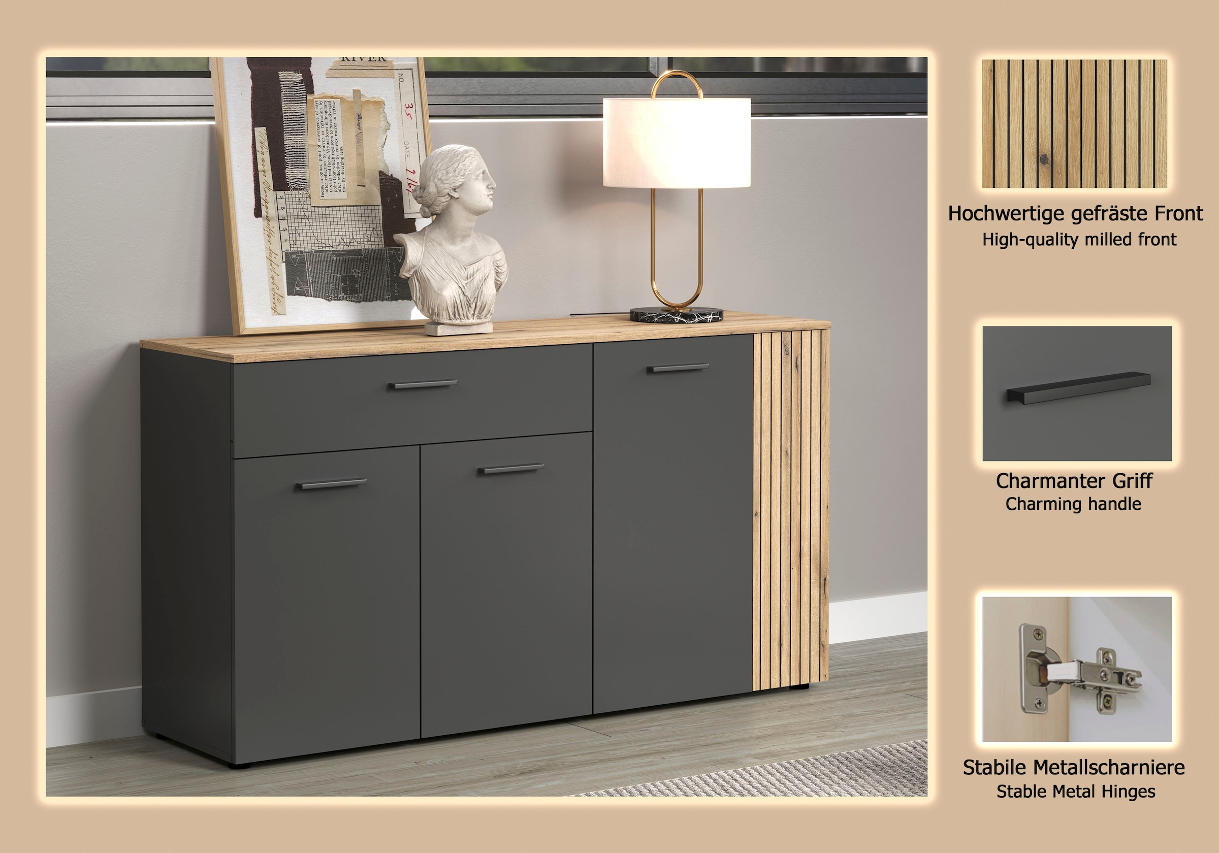 INOSIGN Sideboard »Estepona« 1 Stk. tlg. Kommode, Akustikpaneel-Look; Breite 150 cm