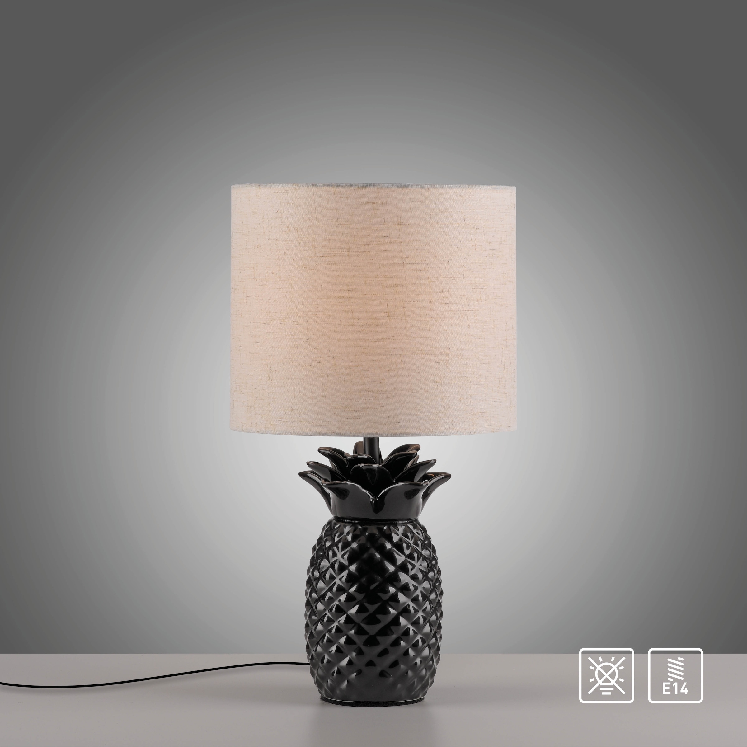 Leonique Tischleuchte »Tenille - Tischlampe im Ananas Design«, 1 flammig, Leuchtmittel E14 | ohne Leuchtmittel, Leinenschirm, Ananas, Pineapple, schwarz, E14