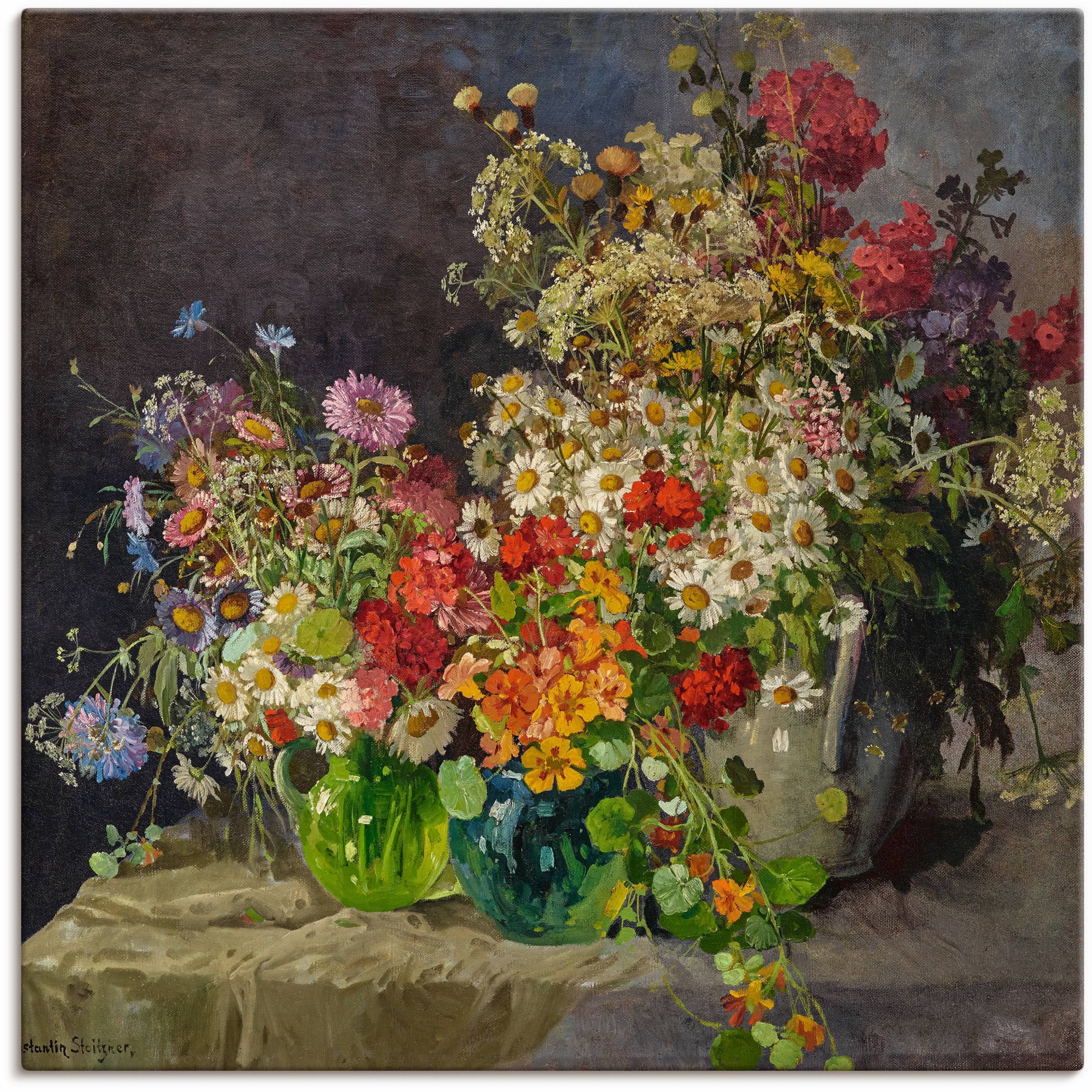 Artland Leinwandbild "Stillleben mit Wiesenblumen in Krügen." Arrangements 1 Stk. tlg. auf Holzrahmen gespannt