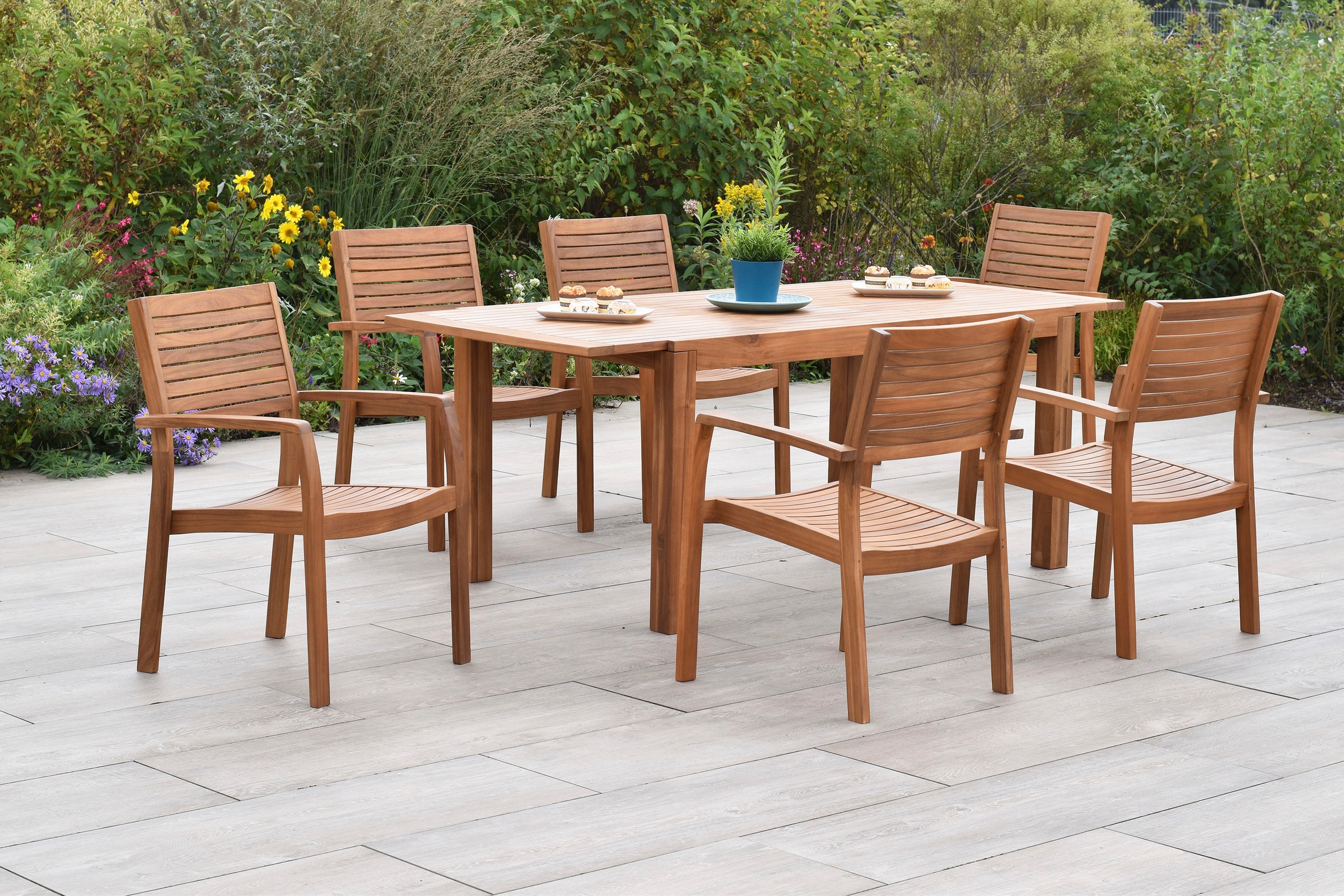 MERXX Garten-Essgruppe »Batavia« Set, 7 tlg. inkl. 6 Stapelsessel, 1 Ausziehtisch