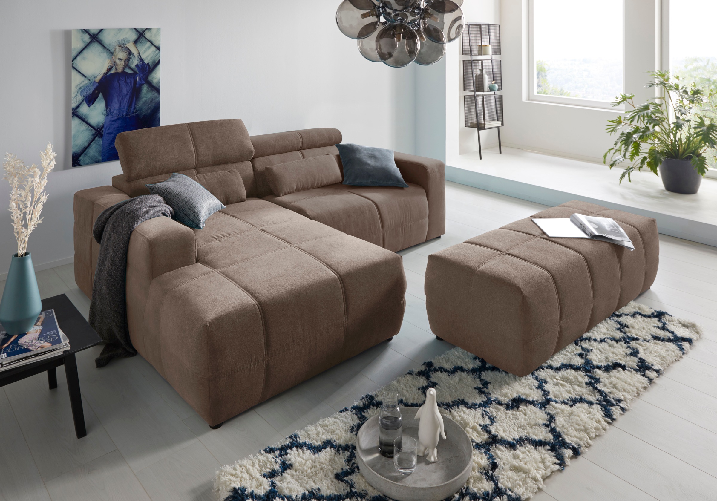 DOMO collection Ecksofa »Brandon Sitzbelastung 140 kg, kleine Ausführung B/T/H: 214/100/80 cm«, Mit Kopfteilverstellung, auch in Leder und Cord, L-Form