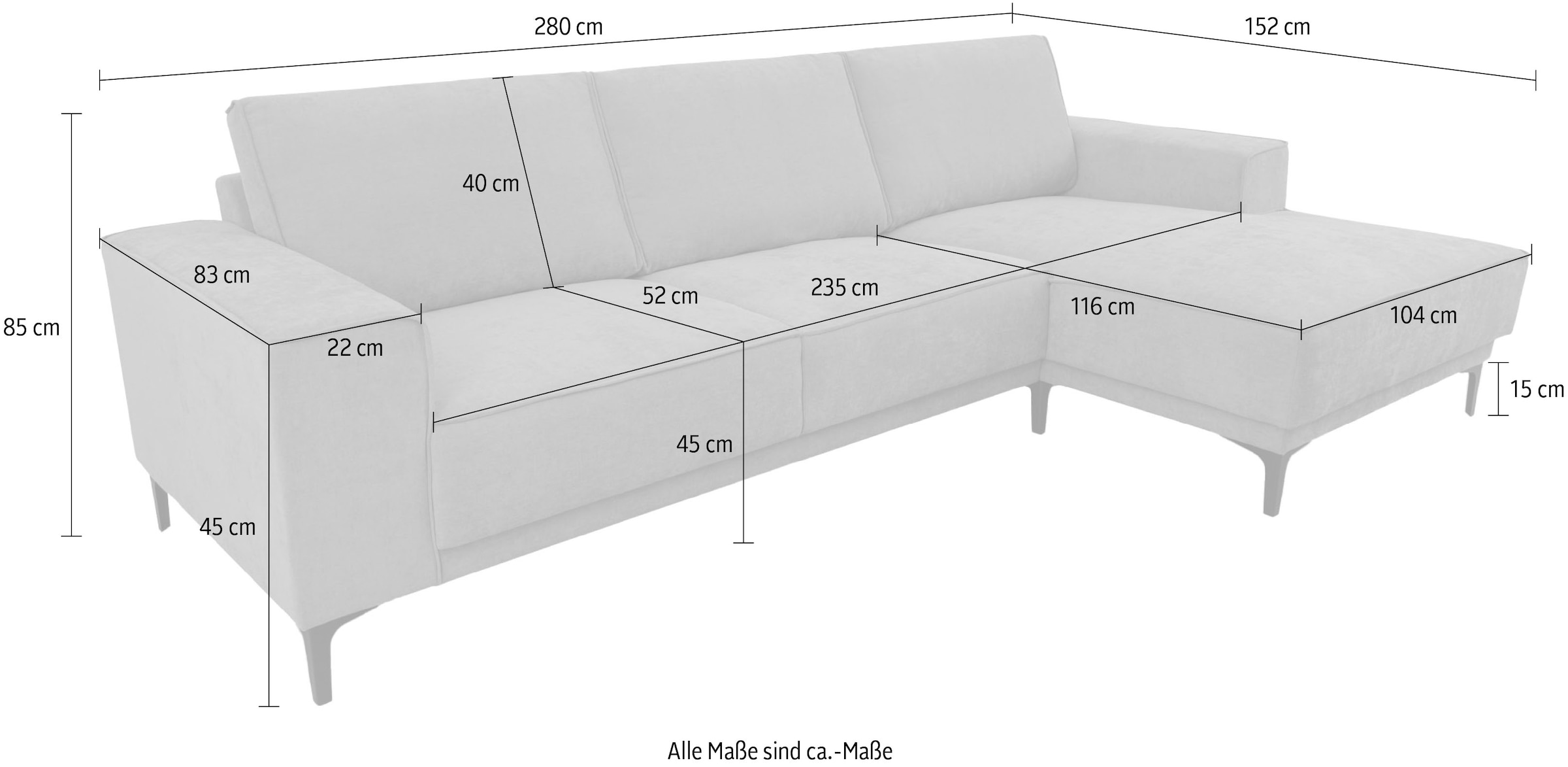 Places of Style Ecksofa »Oland«, 280 cm, im zeitlosem Design und hochwertiger Verabeitung