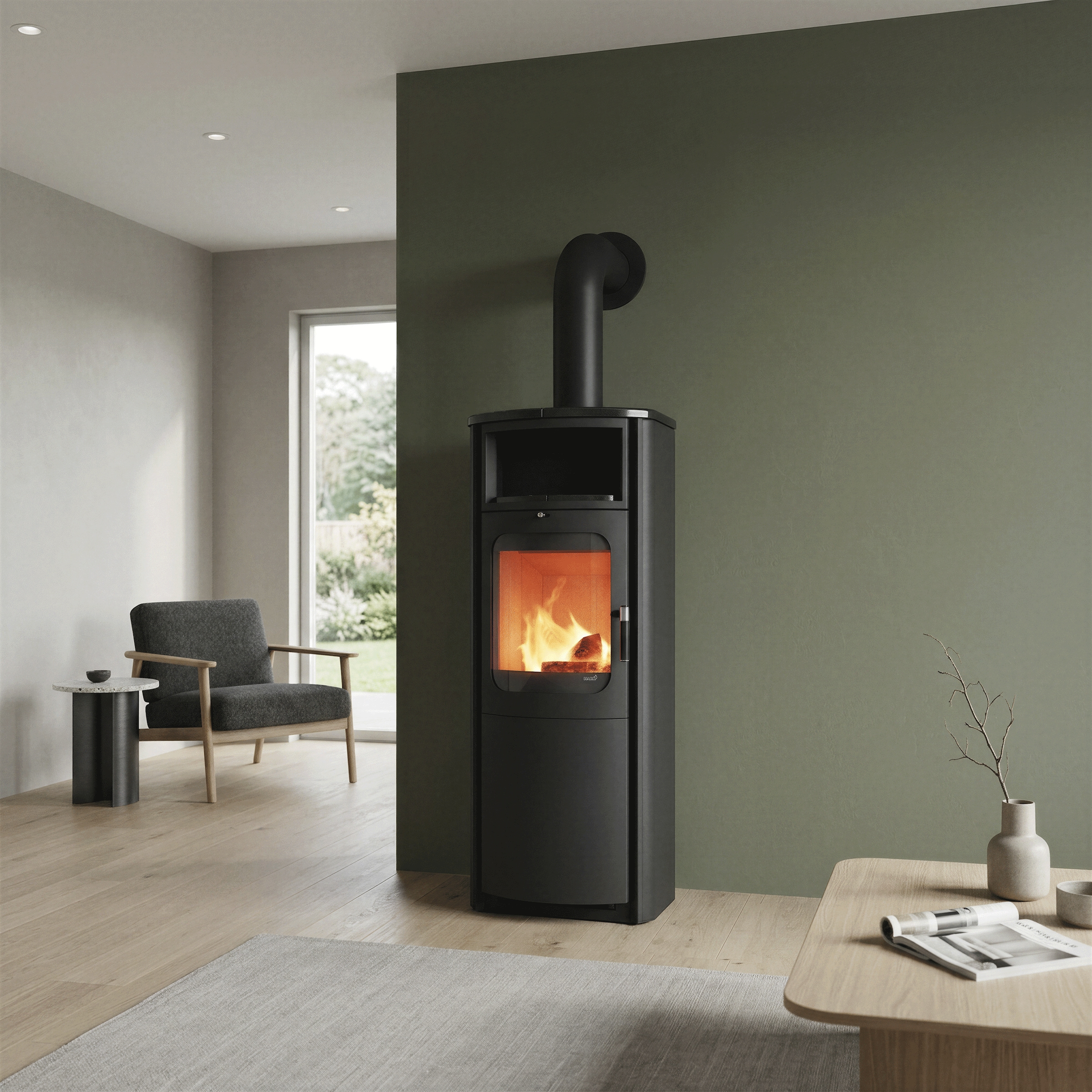 HARK Kaminofen »Opera M Grande Meteor-schwarz, NEU +Exklusiv« Lack schwarz, Metallseiten, Top & Teefach Kacheln schwarz, Holzfachtür