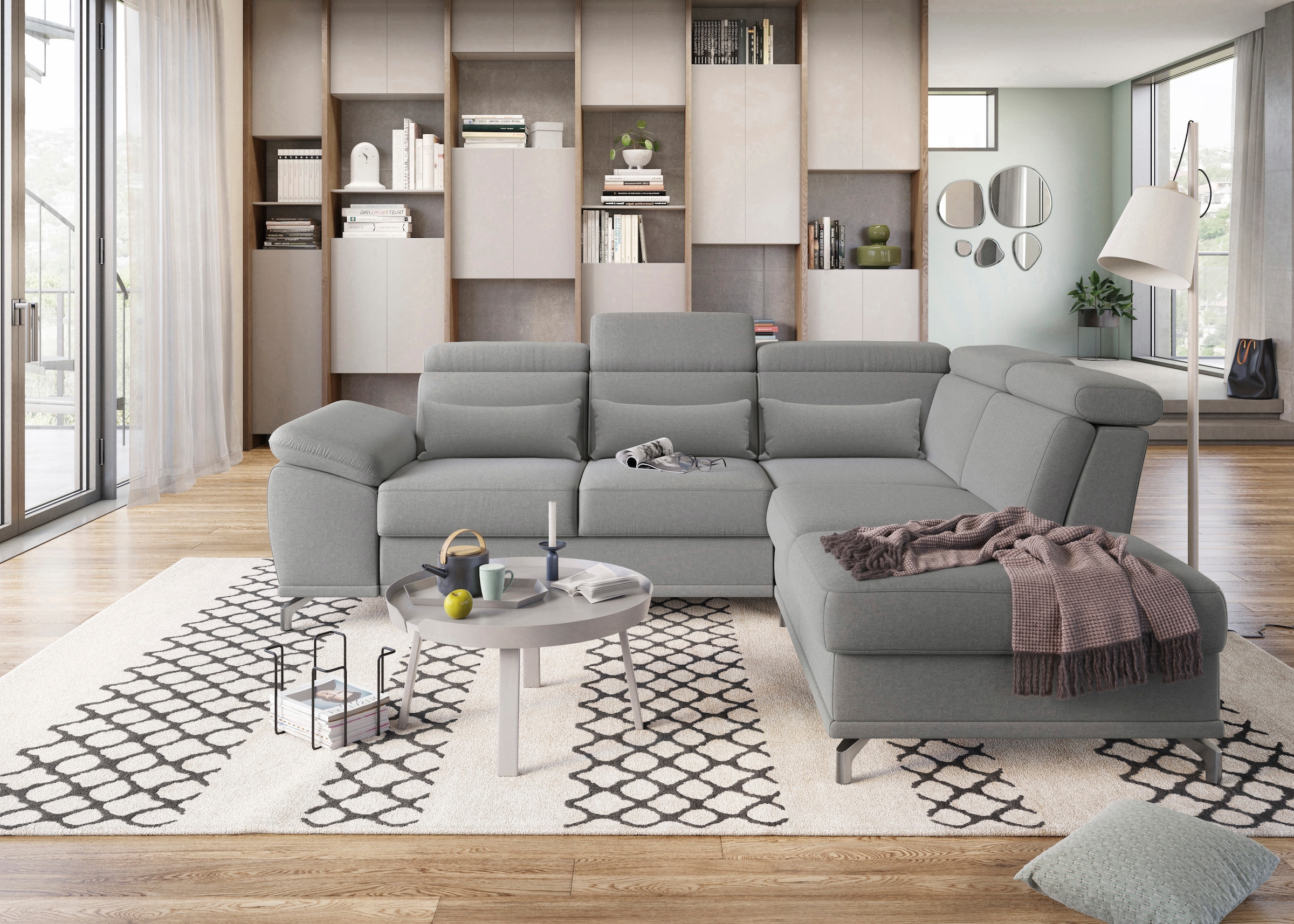 sit&more Ecksofa »Cabrio L-Form, mit Sitztiefenverstellung, Arm- und Kopfteilverstellung«, 3 Nierenkissen, Federkern, optional Bettfunktion und Stauraum