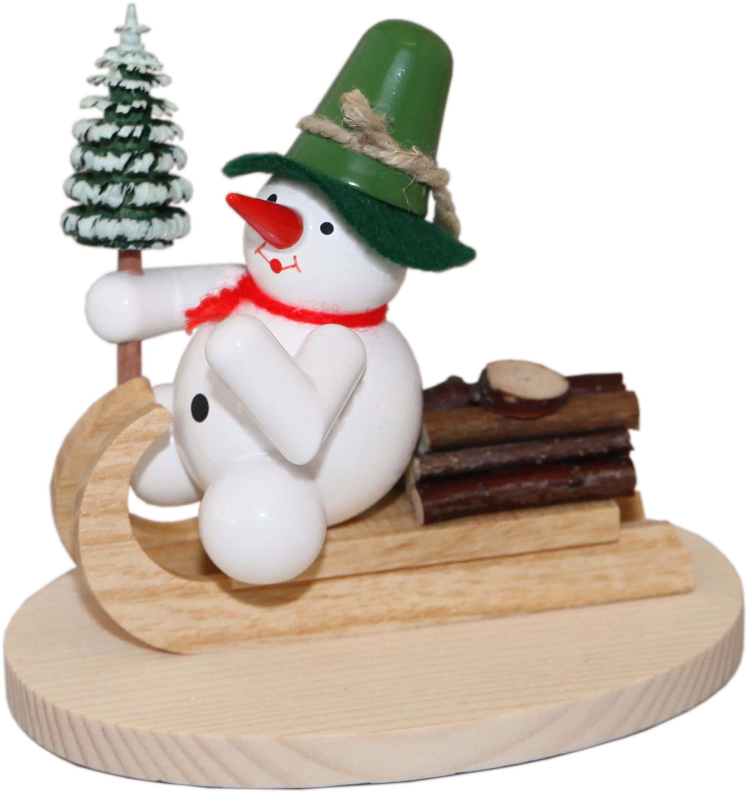 Albin Preissler Schneemann "Schneemann auf Holzschlitten" Handwerkskunst aus dem Erzgebirge