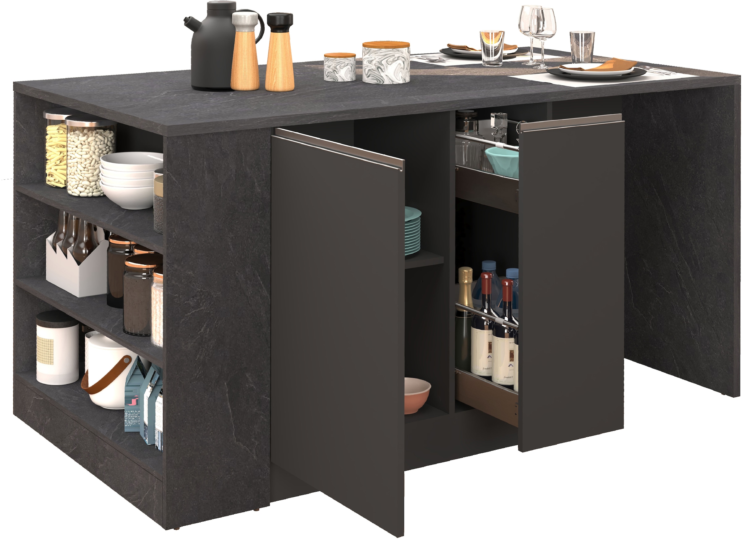 KOCHSTATION Kücheninsel »KS-Sole, Kochinsel, Küchenarbeitsblock, Arbeitsinsel, Made in Italy« Breite 167,5 cm, 2 Apothekerauszüge, 2 Essplätze, 1 offenes Regal