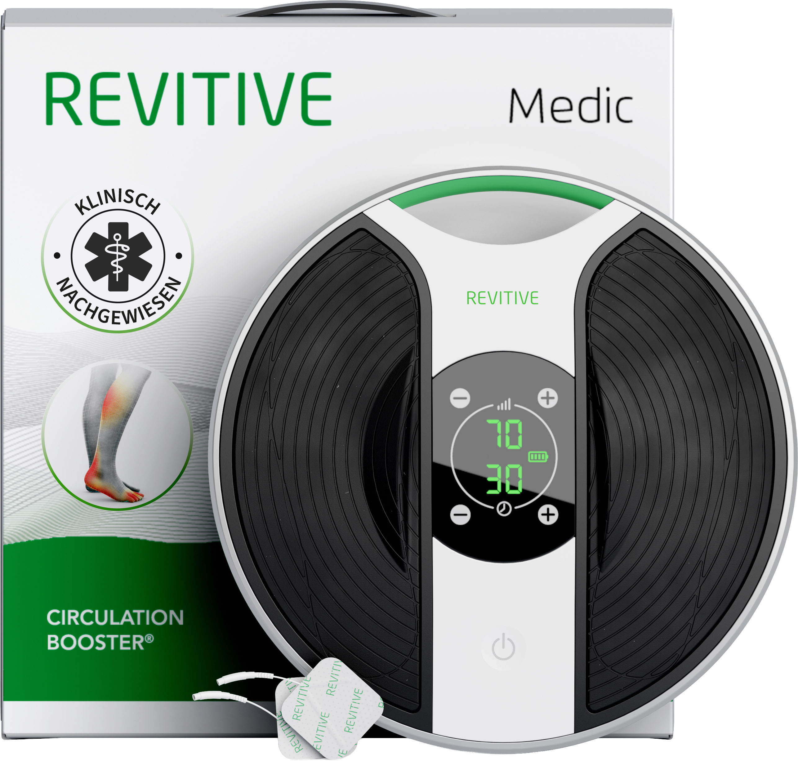REVITIVE EMS-Gerät "Medic Durchblutungs-Stimulator" lindert Beinbeschwerden, Beinschmerzen, Schwellungen und Krämpfe