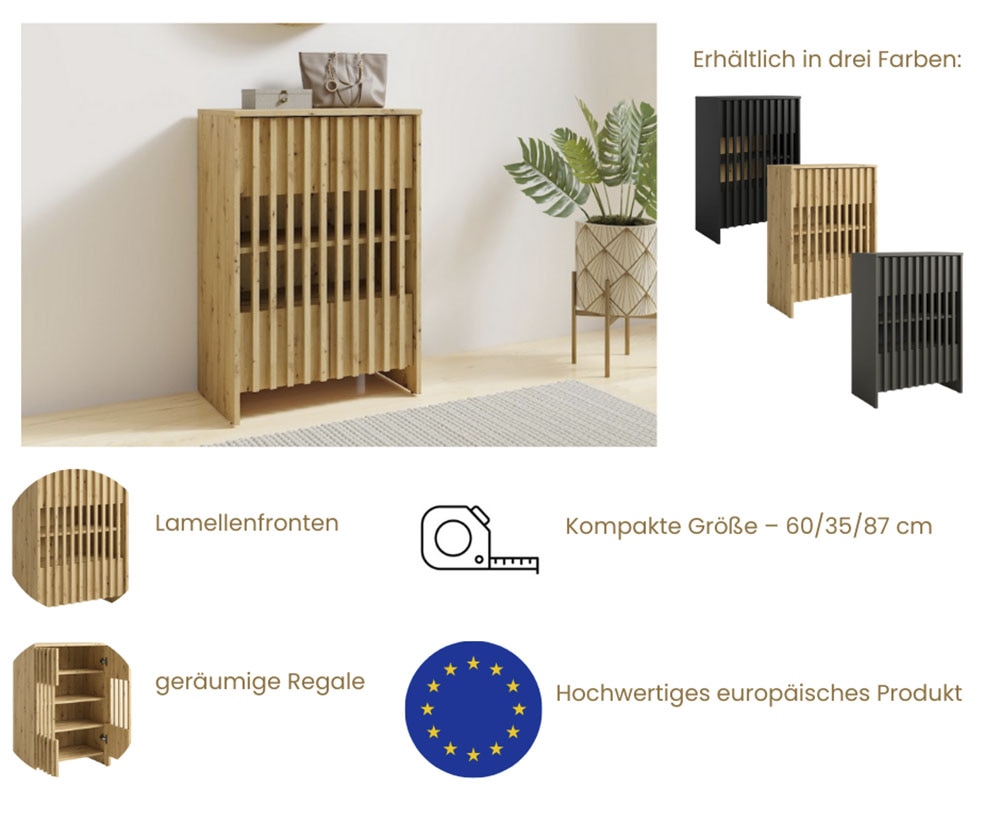 Home affaire Schuhschrank »MURET Schuhregal mit vier Fächer und zwei Türen, Lamellenfronten« Schuhkommode mit viel Stauraum, Maße B/T/H: 60/35,4/87 cm