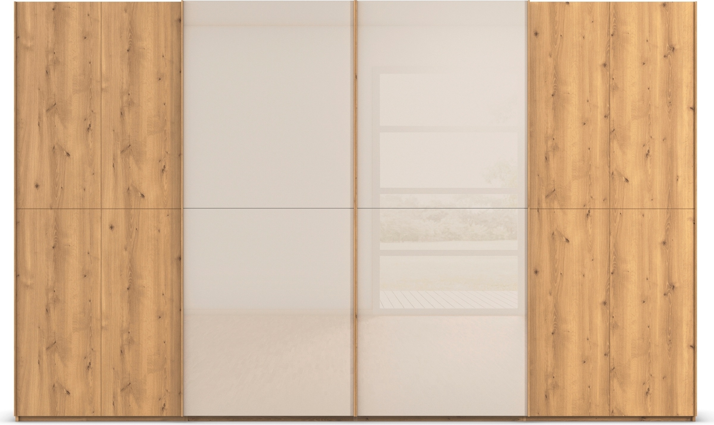 rauch Schwebetürenschrank »Kleiderschrank Schrank Garderobe Schlafzimmerschrank SCALE-WOOD«, edle geteilte Front in massiver Asteiche mit Glastüren MADE IN GERMANY