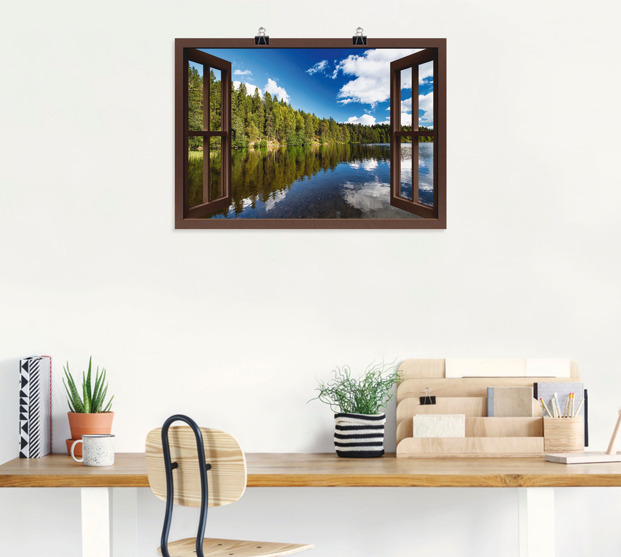 Artland Poster »Norwegische Landschaft - braunes Fenster«, Fensterblick, (1 St.), als Alubild, Leinwandbild, Wandaufkleber oder Poster in versch. Größen