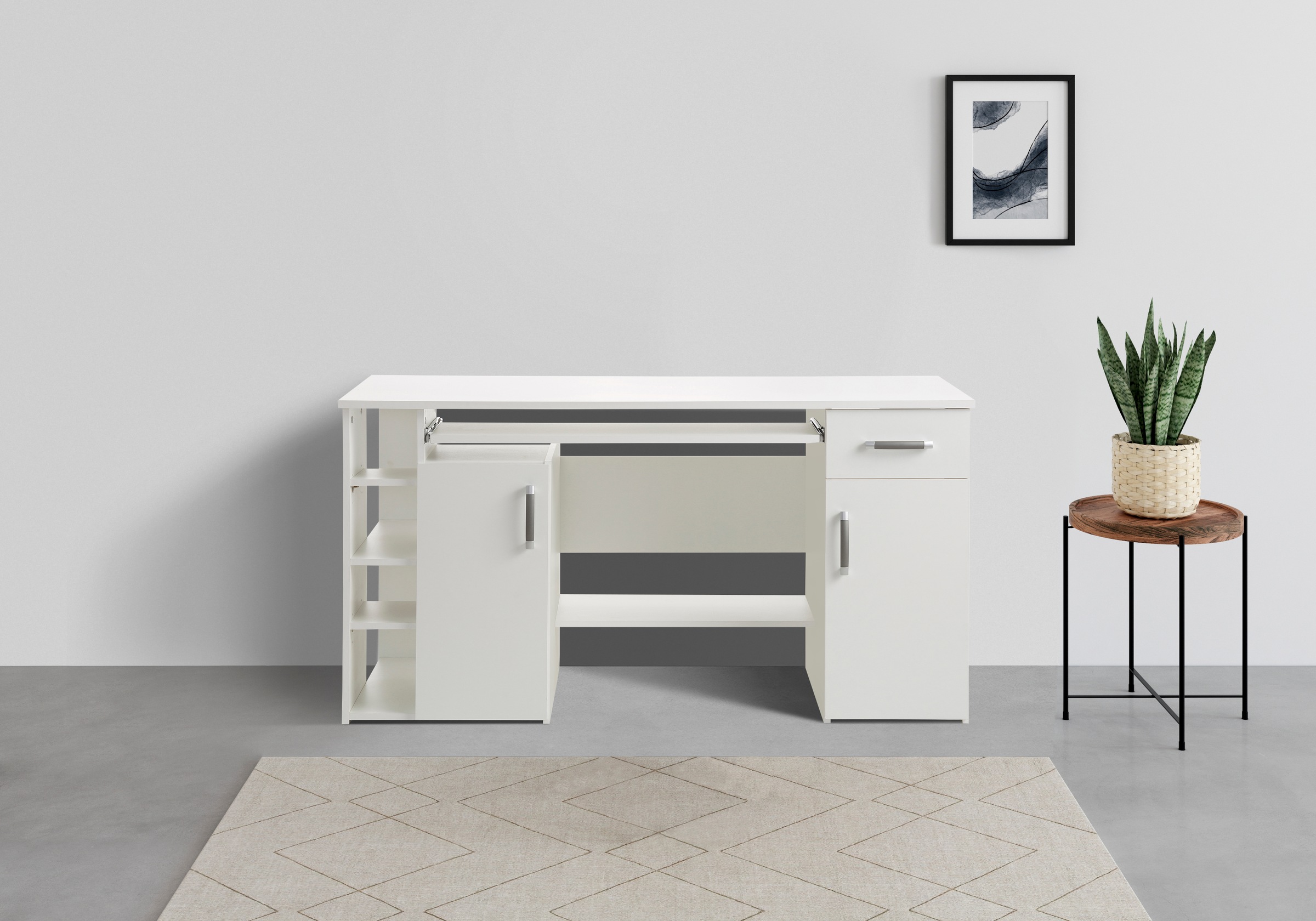 Thumbnail - VOGL Möbelfabrik Schreibtisch "Tim mit seitlich offenen Fächern & Tastaturauszug," Druckerablage, 1 Schublade, Breite 13...