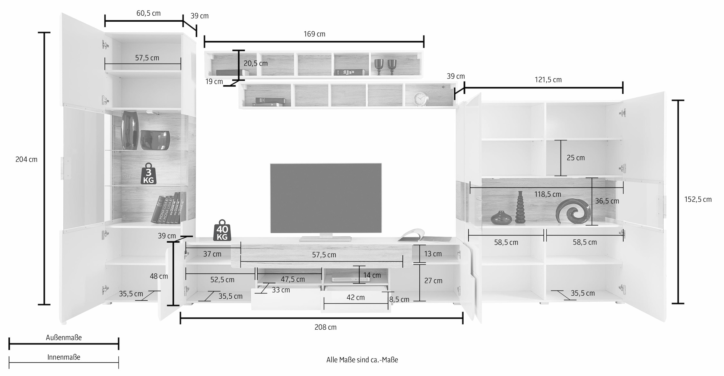 INOSIGN Wohnwand »Toledo,Breite 384cm stilvolle Mediawand ohne Beleuchtung«, (Set, 5 St.), Anbauwand(Vitrine,Lowboard,Highboard,2xHängeregal)MDF Hochglanzfronten