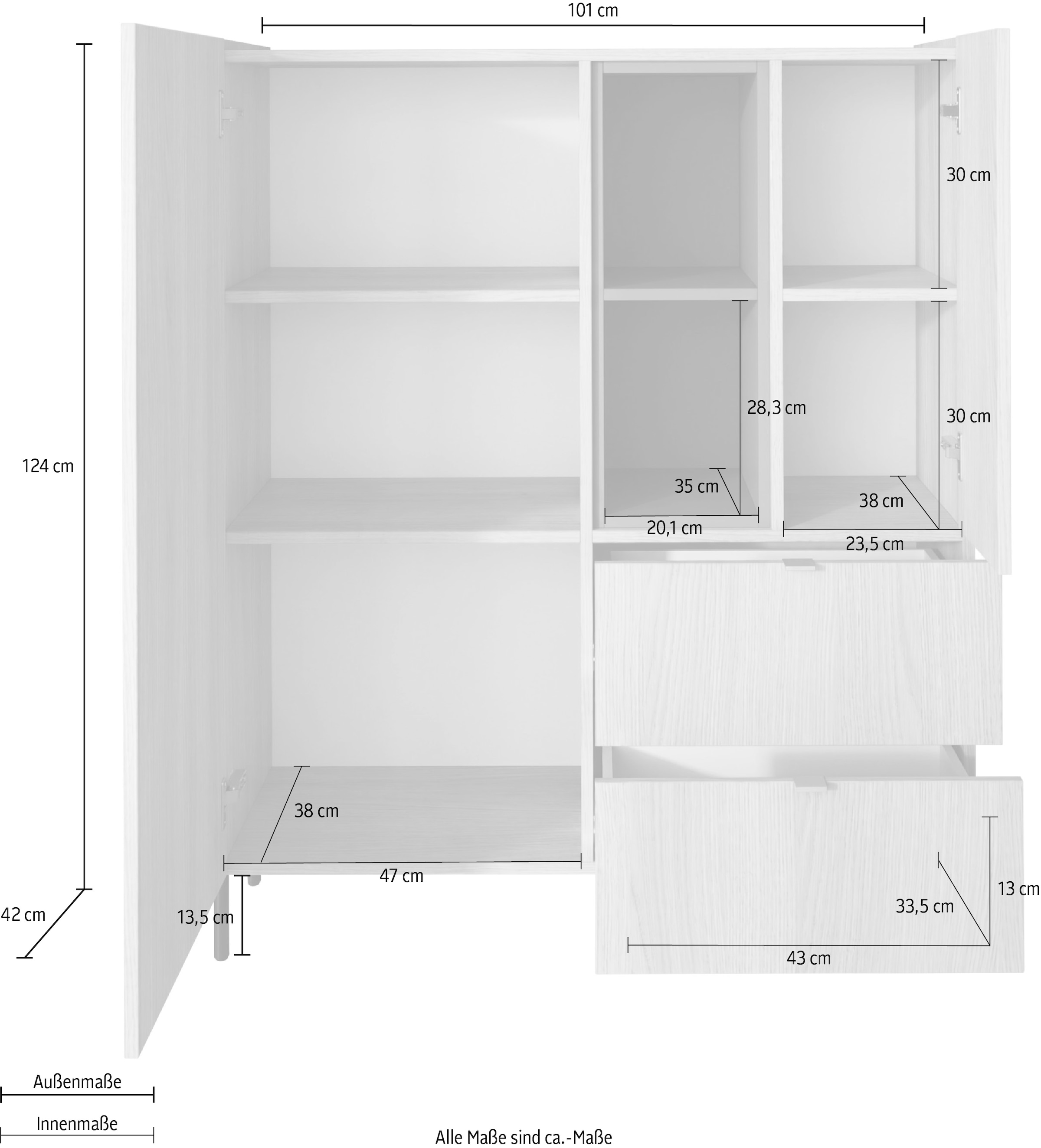 OTTO home Highboard »Badia, B/H 101/124 cm, 2 Türen, 2 Schubkästen, Stauraumschrank« Innenliegendes Top, gerade Metallfüße, salbeigrüne Farbakzente