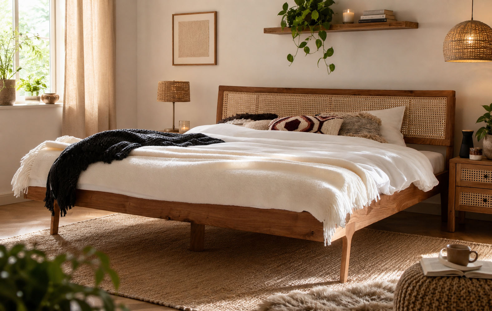 OTTO home Massivholzbett "Hällevik, Kopfteil höhenverstellbar, Eiche massiv, mit Wiener Geflecht" skandinavischer Stil, Made in EU, FSC-zertifiziert, sehr stabil