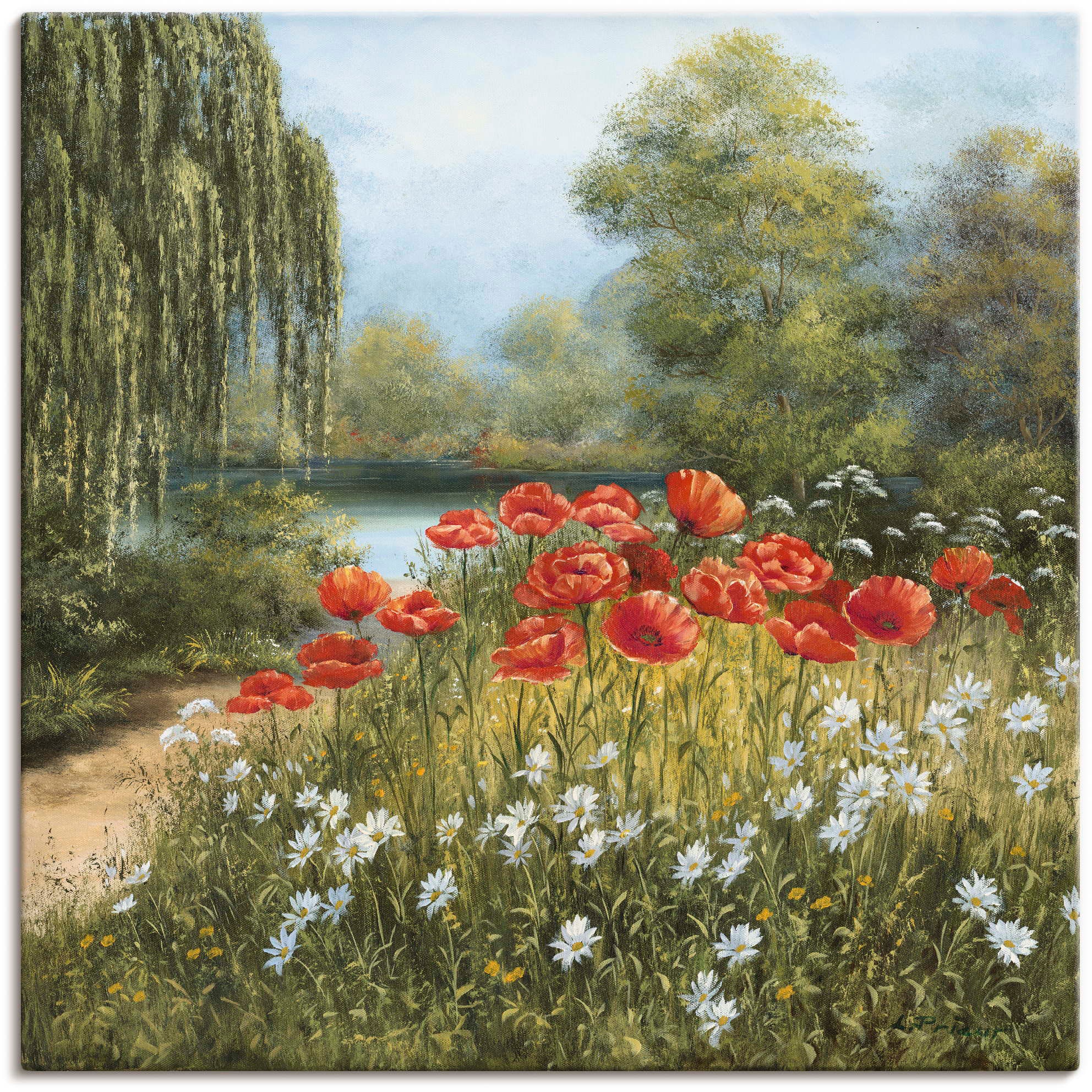 Artland Wandbild "Mohnwiese am See", Blumenwiese, (1 St.), als Alubild, Outdoorbild, Leinwandbild, Poster in verschied. 