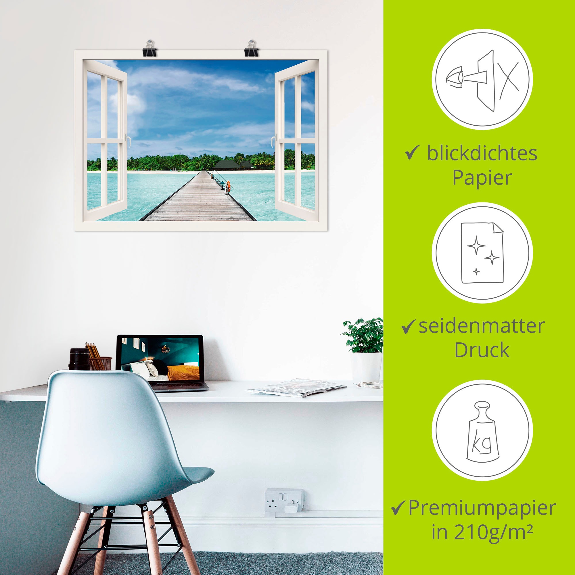 Artland Wandbild »Fensterblick maledivischen Paradies«, Fensterblick, (1 St.), als Leinwandbild, Poster, Wandaufkleber in verschied. Größen