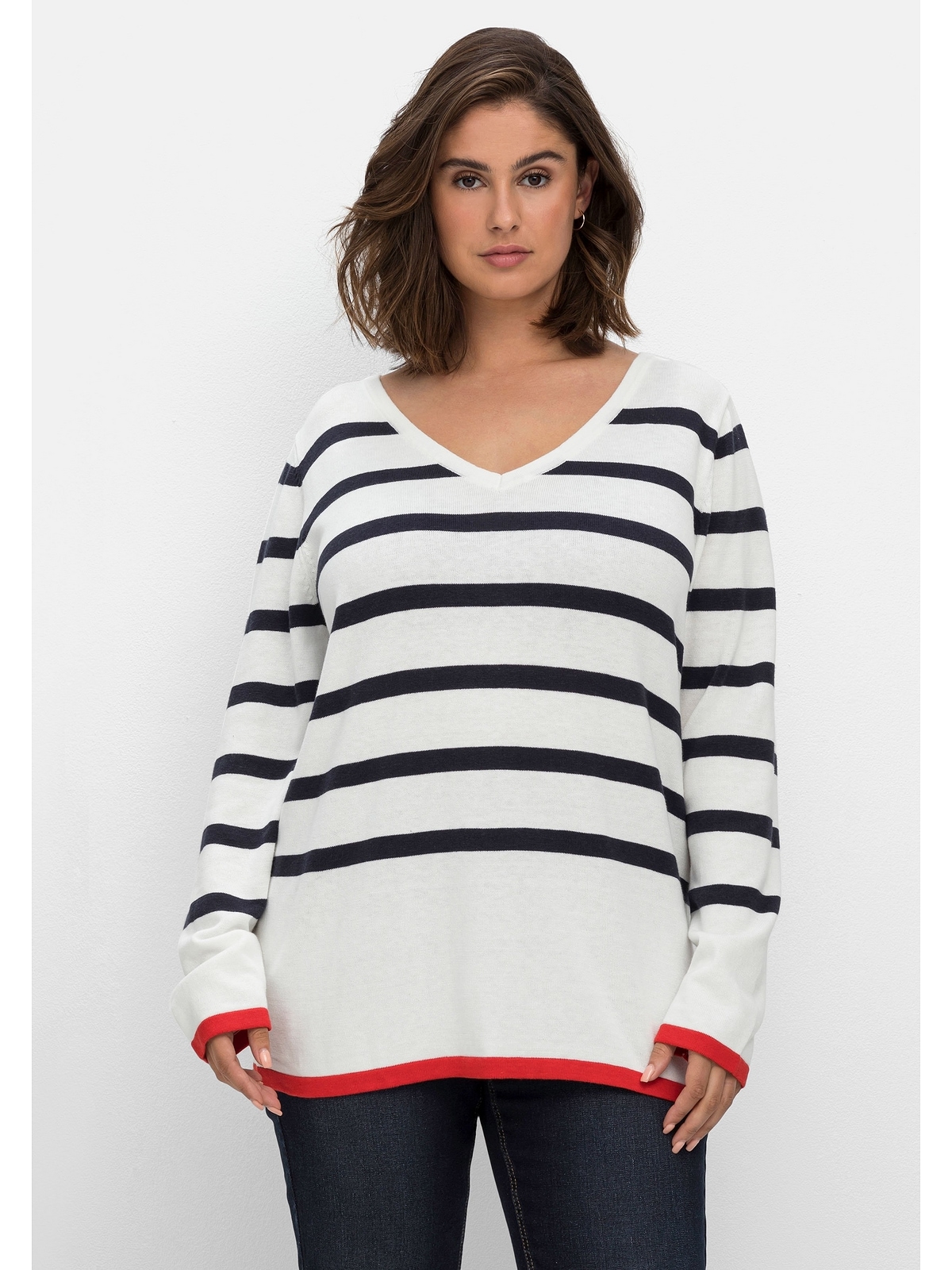 Sheego V-Ausschnitt-Pullover »Große Größen«, mit Streifen, im Baumwollmix  bestellen | BAUR