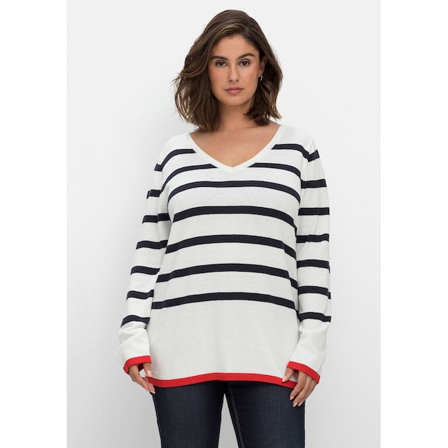 Sheego V-Ausschnitt-Pullover »Große Größen«, mit Streifen, im Baumwollmix  bestellen | BAUR