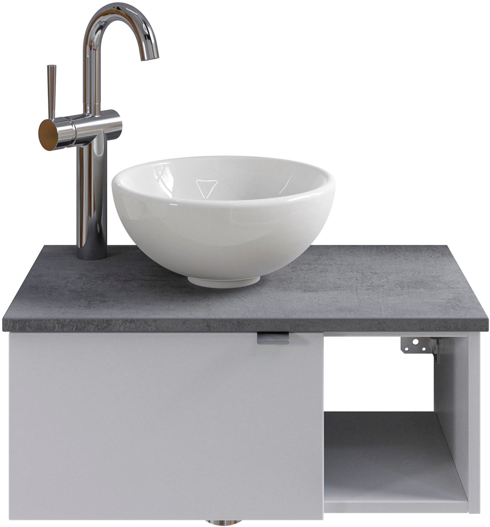 Saphir Waschtisch "Serie 6915 Waschschale mit Unterschrank für Gästebad, Gäste WC" Keramik-Aufsatzbecken, Waschtischplatte, Waschtischunterschrank, 3 Stk. tlg. 61 cm breit, 1 Tür, offenes Fach, kleine Bäder, ohne Armatur