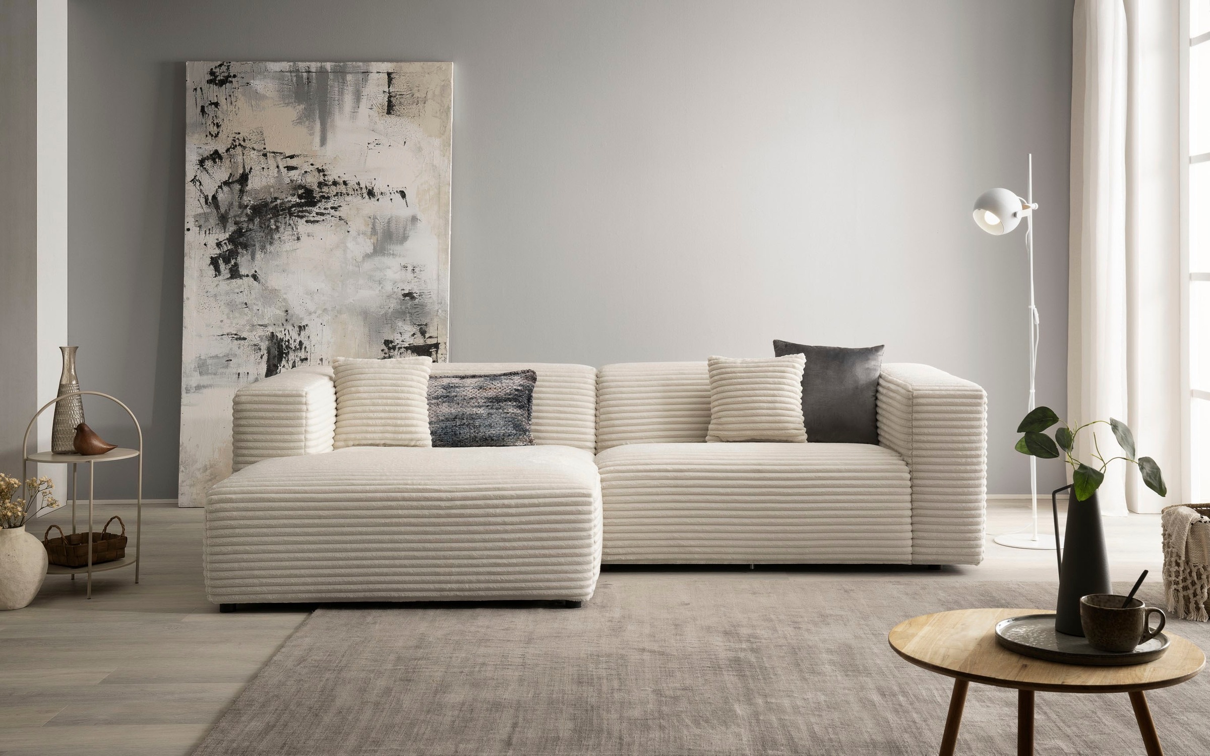 andas Ecksofa »BAKELS, L-Form in Cord oder Boucle-Stoff, moderne Couch«, wahlweise Recamiere rechts/links, bequemer Sitzkomfort