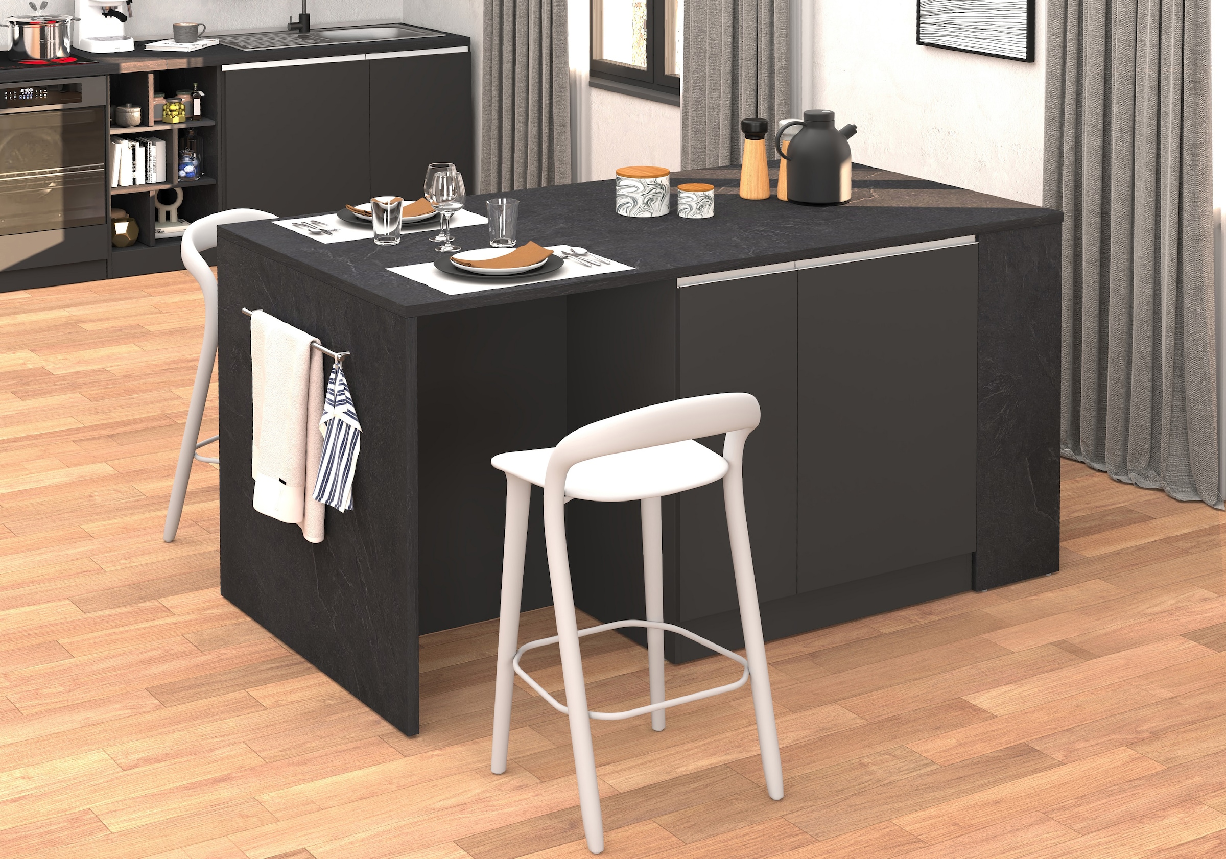 KOCHSTATION Kücheninsel »KS-Sole, Kochinsel, Küchenarbeitsblock, Arbeitsinsel, Made in Italy« Breite 167,5 cm, 2 Apothekerauszüge, 2 Essplätze, 1 offenes Regal