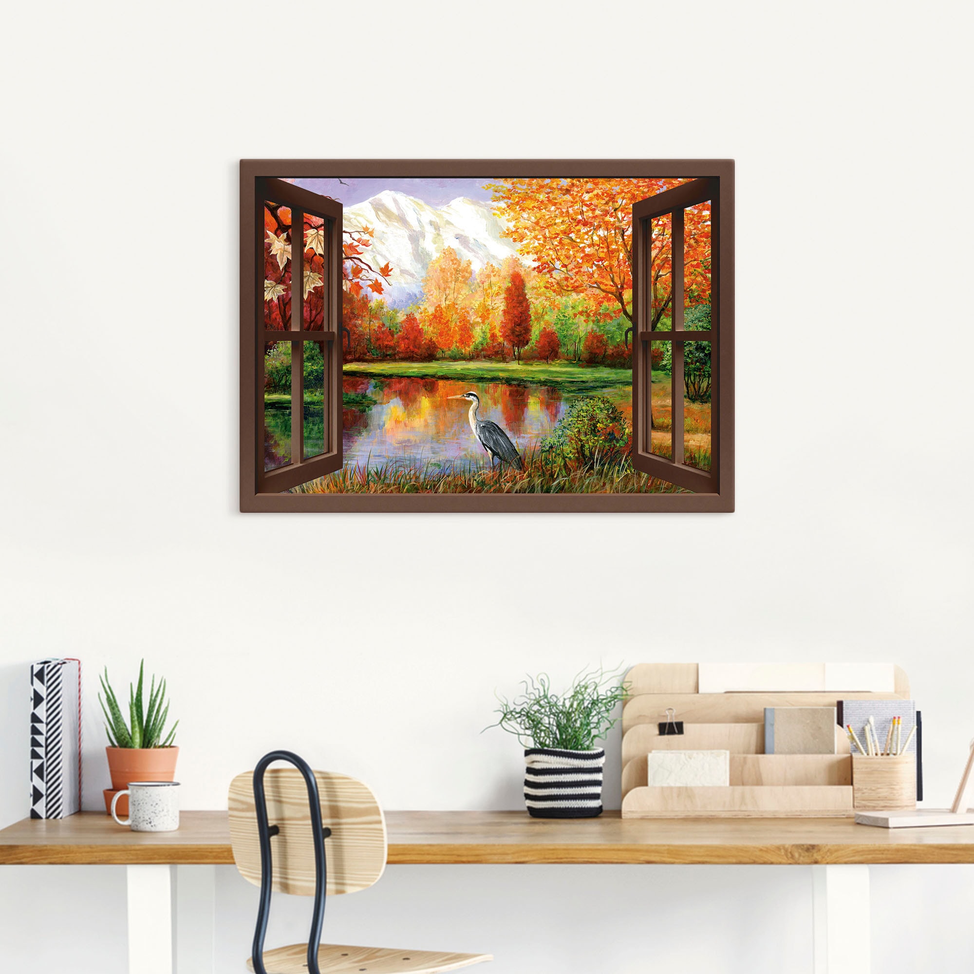 Artland Wandbild »Herbst am St.), Poster in Fensterblick, bestellen als (1 BAUR versch. Ausblick«, See | Größen Wandaufkleber Leinwandbild, oder