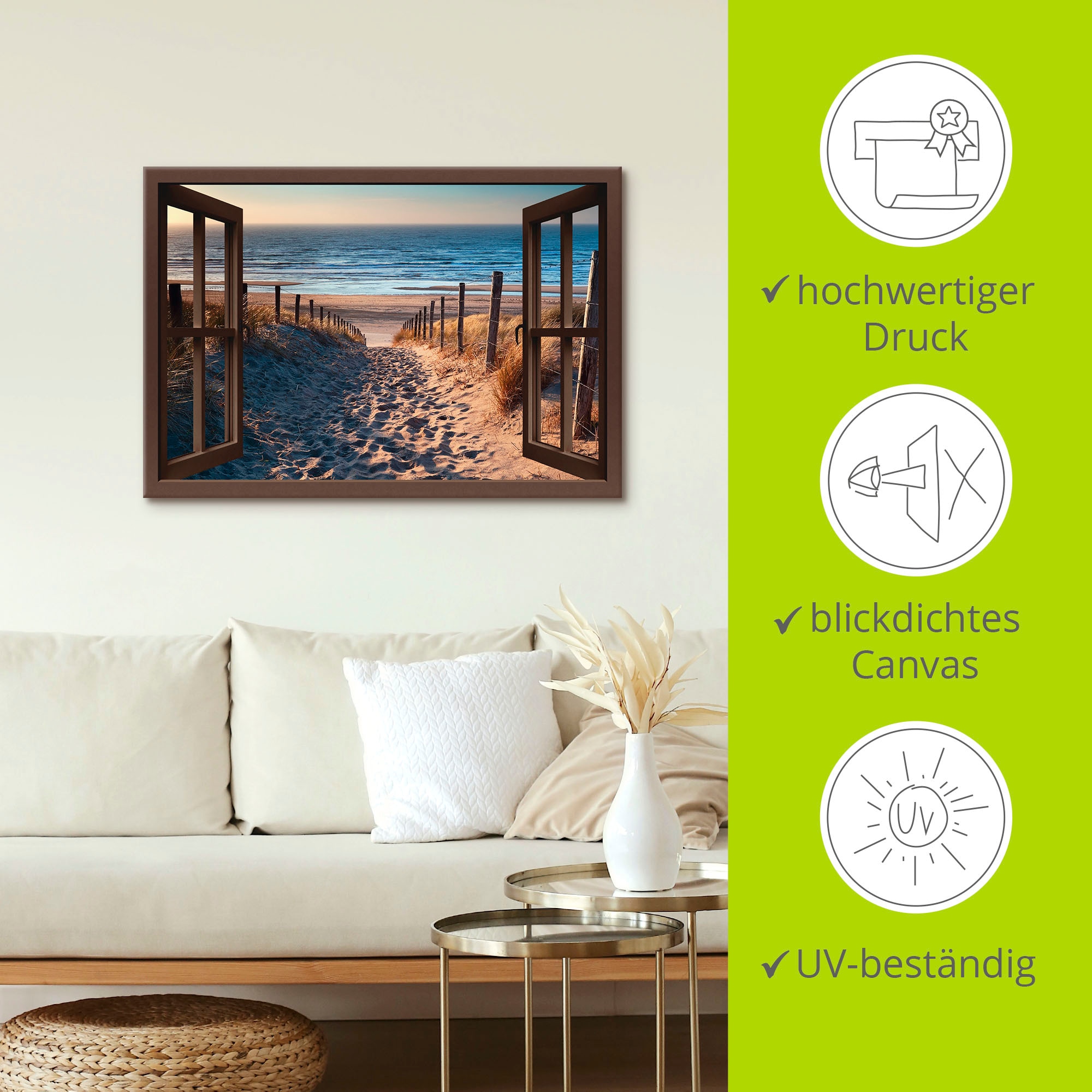 Artland Wandbild »Fensterblick Weg zum Nordseestrand«, Strand, (1 St.), als Leinwandbild, Poster, Wandaufkleber in verschied. Größen