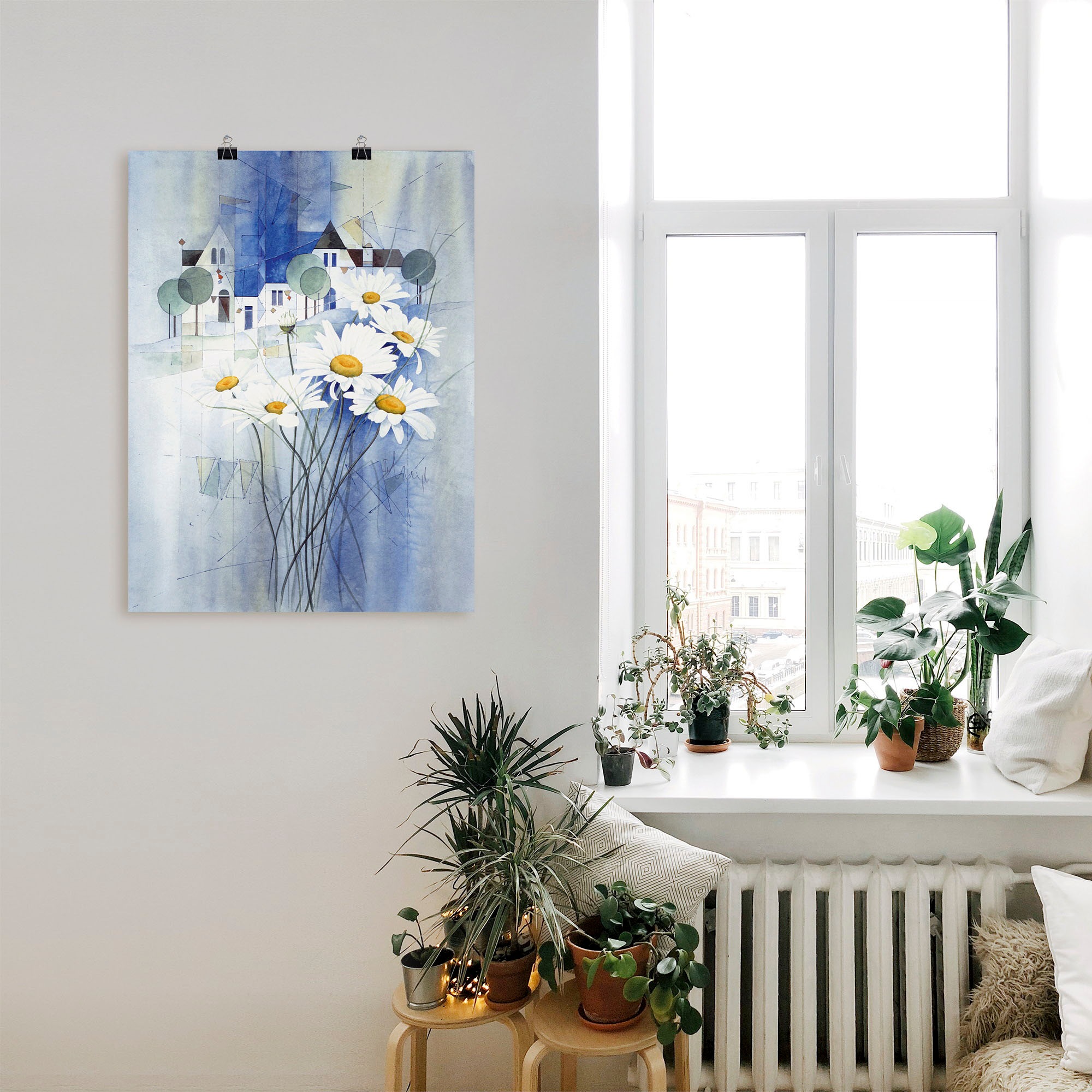 Artland Poster »Ansicht mit Margeriten«, Blumen, (1 St.), als Leinwandbild, Wandaufkleber oder Poster in versch. Größen