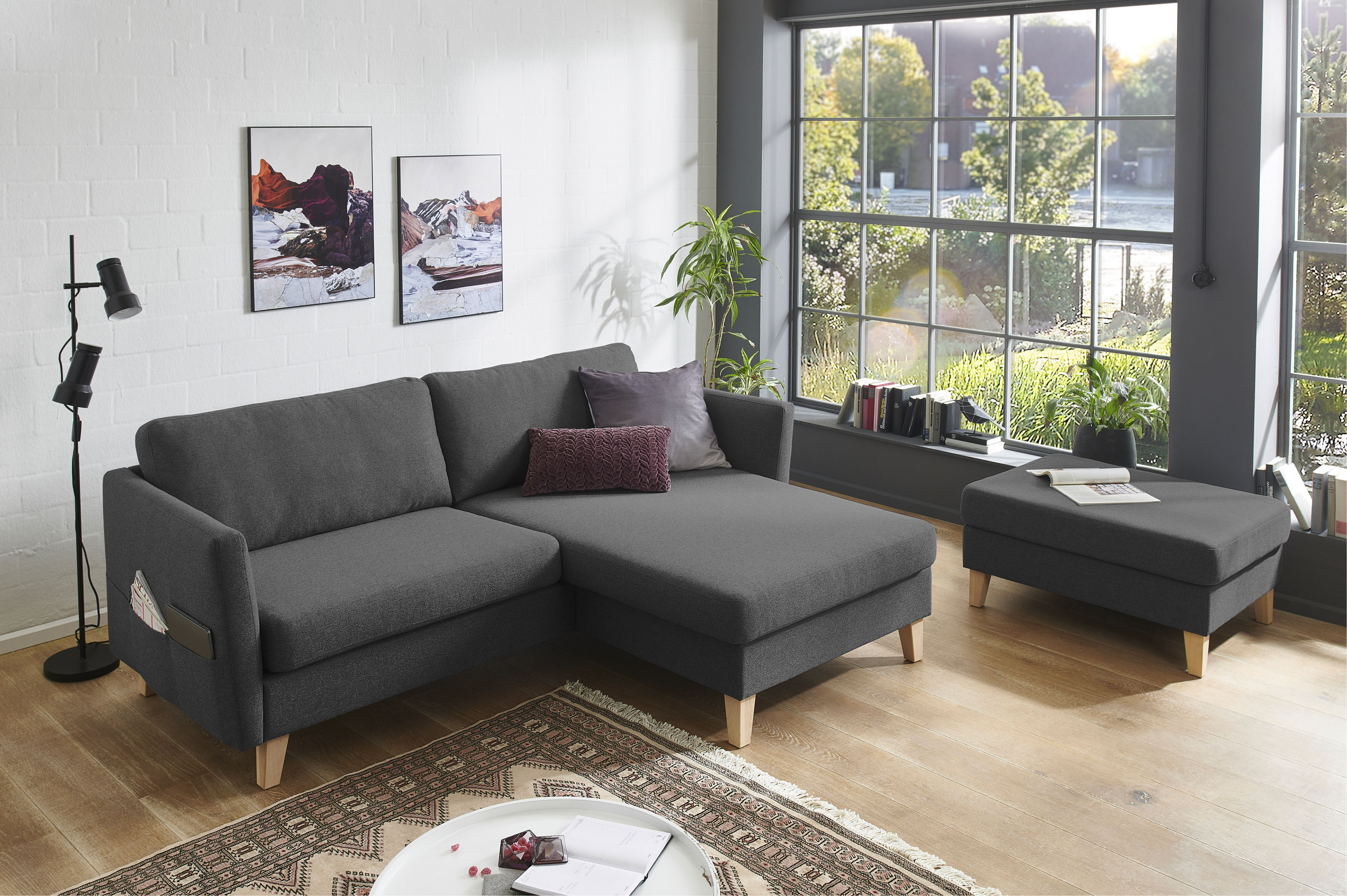 ATLANTIC home collection Ecksofa "Mailo L-Form, B:204cm, für kleine Räume" mit Seitentaschen, Recamiere beidseitig montierbar, Massivholzfüße