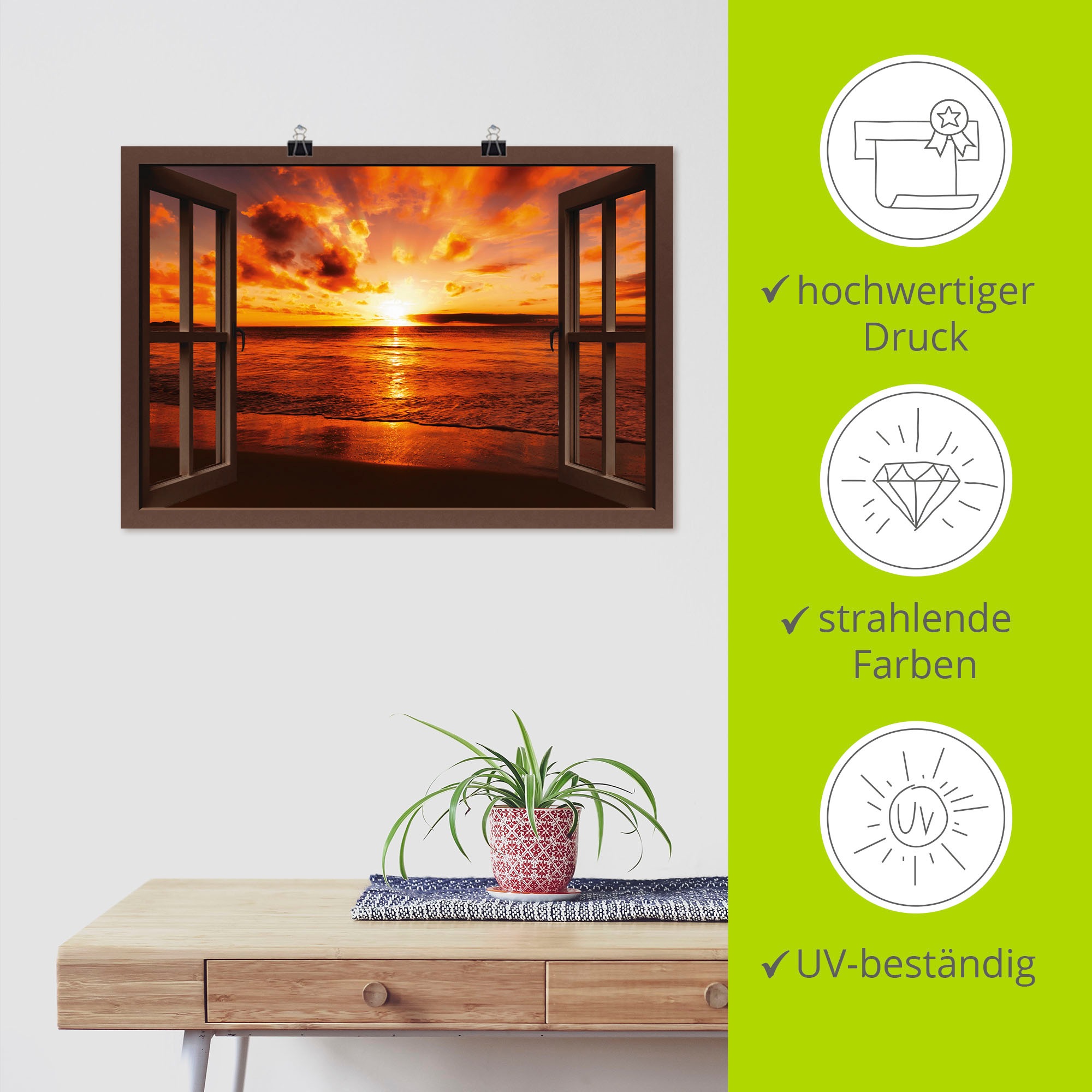 Artland Wandbild »Fensterblick Sonnenuntergang am Strand«, Fensterblick, (1 St.), als Leinwandbild, Poster, Wandaufkleber in verschied. Größen