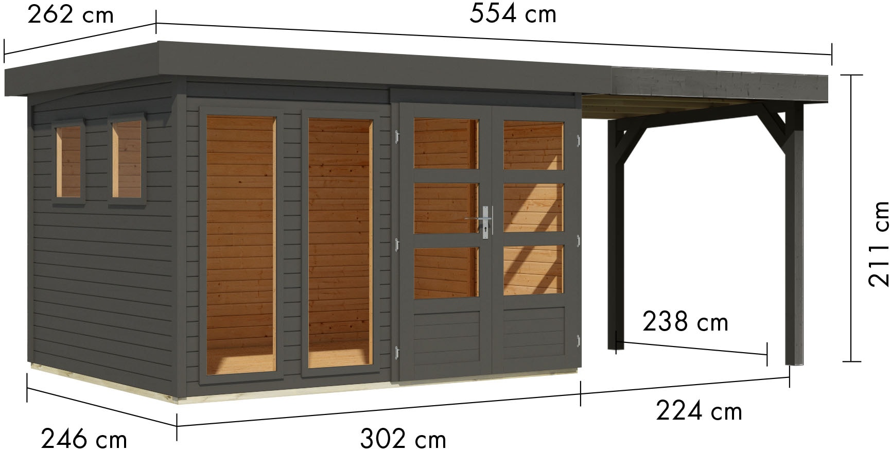 Karibu Gartenhaus »Langesee 5 mit Anbaudach«, aus hochwertiger nordischer Fichte mit wasserabweisender Profilierung
