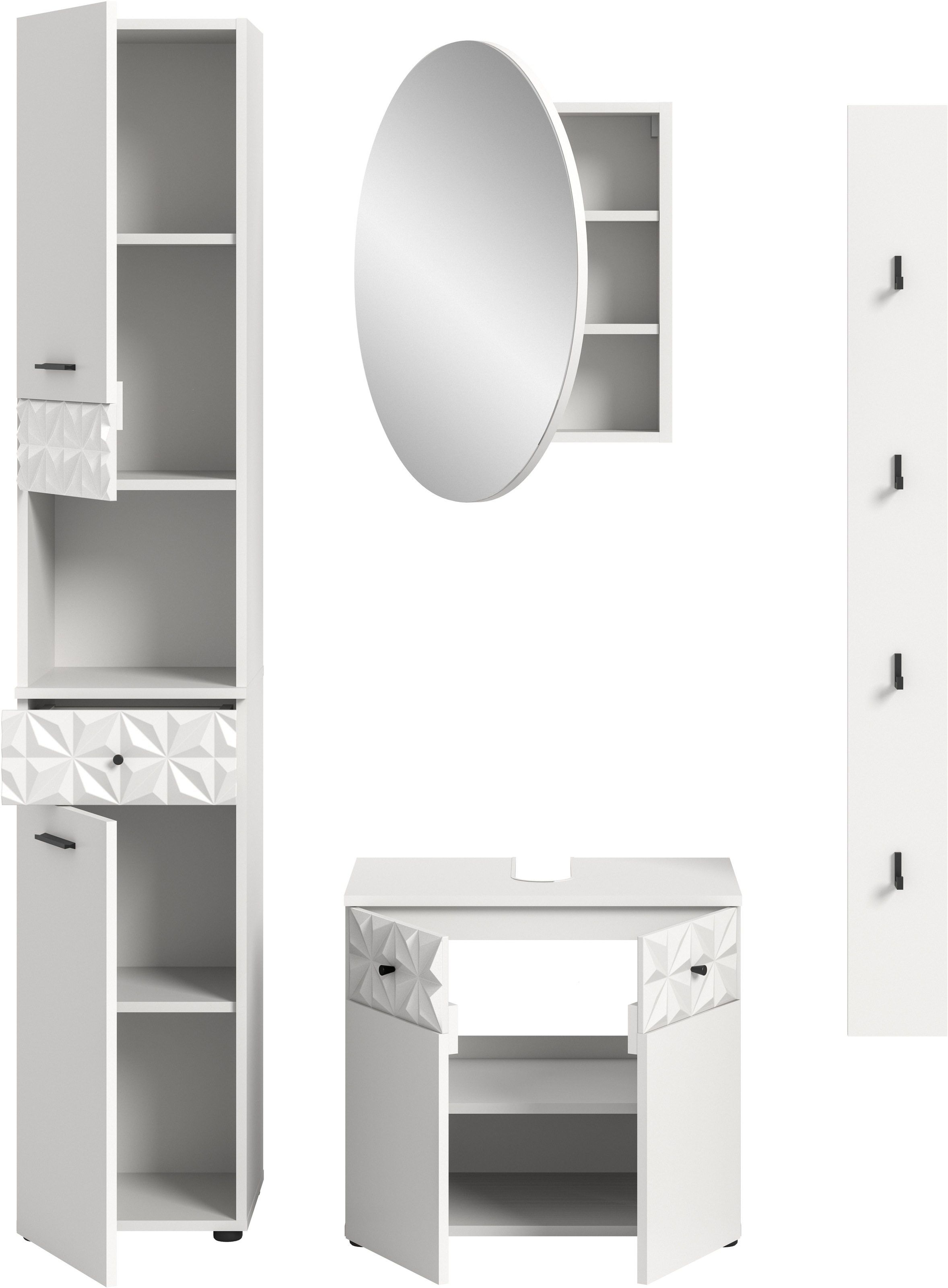 INOSIGN Badezimmer-Set »VICENZA, TOPSELLER!, Breite 141cm, 4-teilig, mit Ornamentabsetzung«, (Hochschrank, Waschbeckenunterschrank, Spiegelschrank und Hakenleiste), Hochschrank, Waschbeckenunterschrank, Spiegelschrank und Hakenleiste