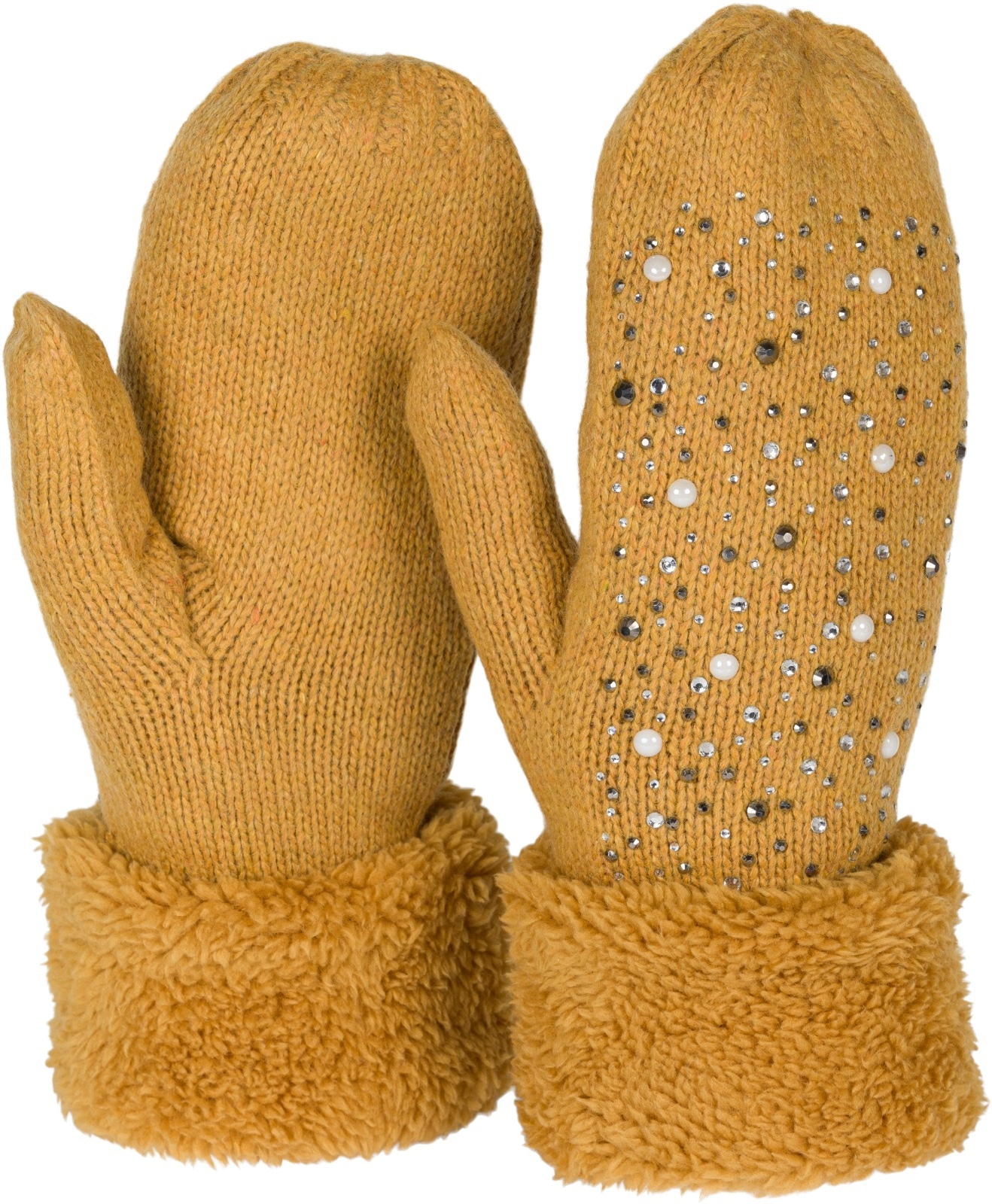 styleBREAKER Fäustlinge "Strickhandschuhe Fäustlinge mit Strass und Perlen" 2 Stk.