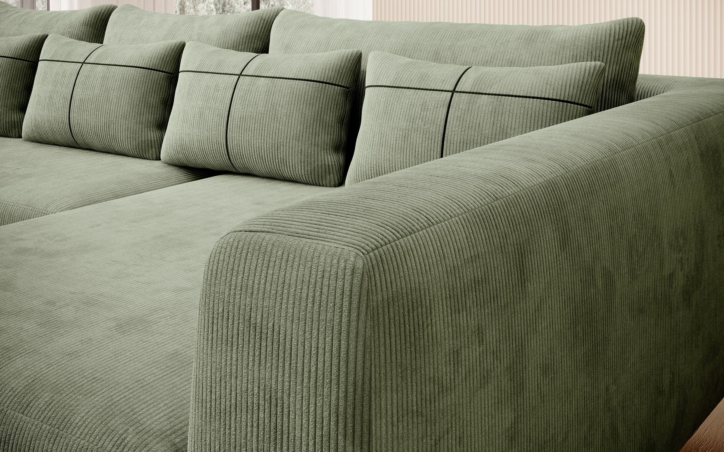 Ecksofa HOME AFFAIRE "Cross, mit softem Sitz, L-Form, wendbare Zierkissen, Breite 284 cm", grün (mayfly), B:284cm H:82cm T:172cm, 88% PES; 12% Nylon, Sofas, Ecksofa, Couch mit vielen Kissen, stylische Kreuznaht, elegante Metallfüße 3