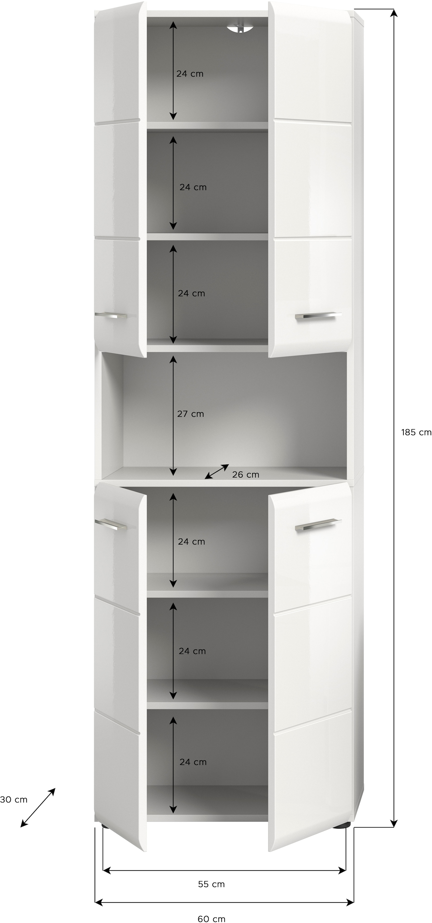 INOSIGN Hochschrank »Florenz, Höhe 185 cm, 4 Türen, 4 Einlegeböden, 1 offenes Fach«, hochwertige MDF Front, Griff chromglänzend, Badschrank, Bad