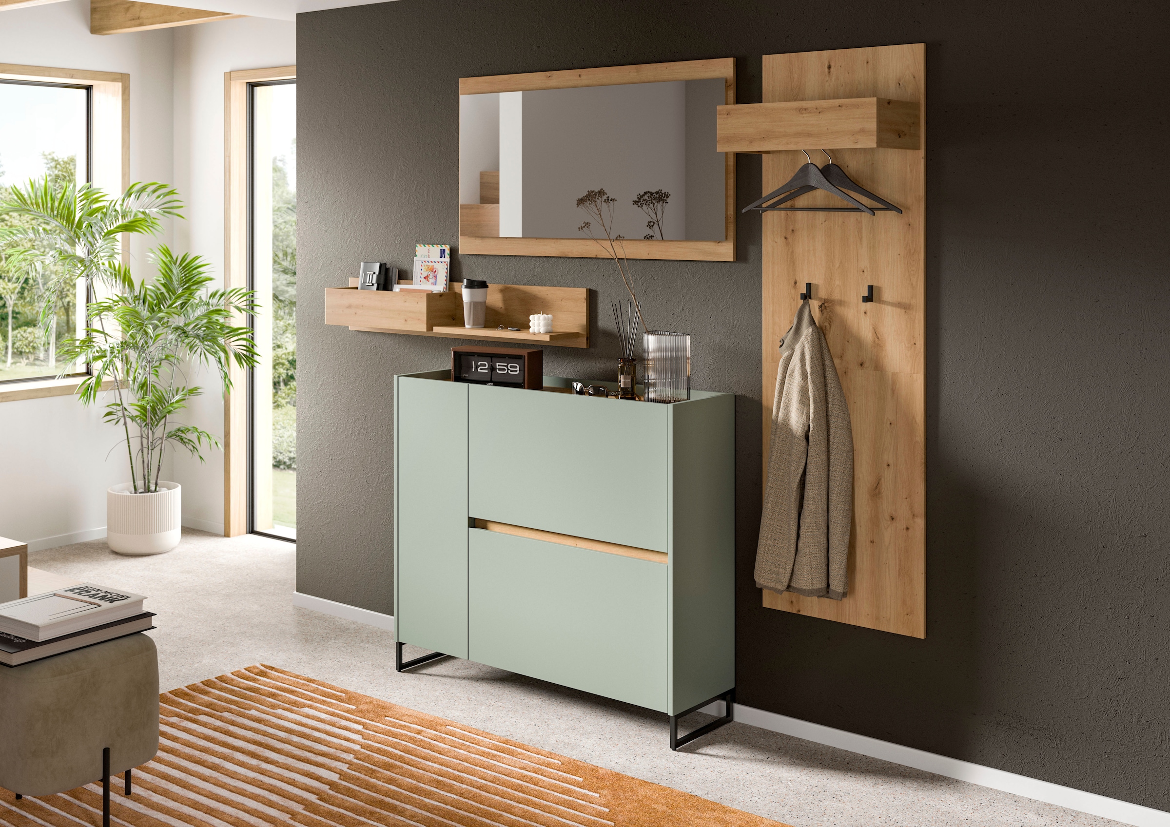 INOSIGN Garderoben-Set »EVRID, 3-teilig, Breite 175 cm, individuell stellbar & erweiterbar« best. aus: Kommode, Spiegel und Garderobenpaneel, 4 Stk. tlg.