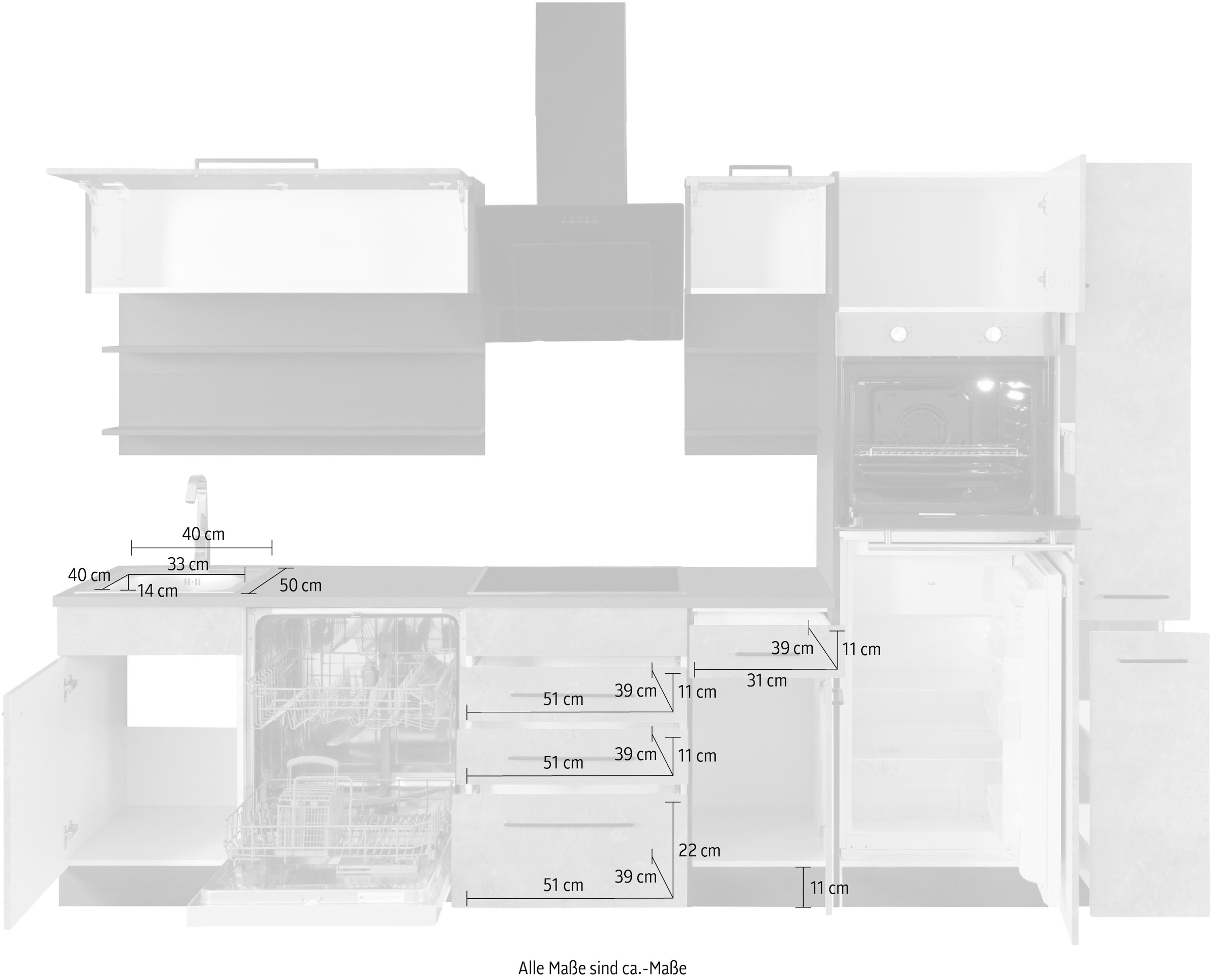 KOCHSTATION Küchenzeile »KS-Tulsa«, ohne E-Geräte, Breite 300 cm, schwarze Metallgriffe, MDF Fronten