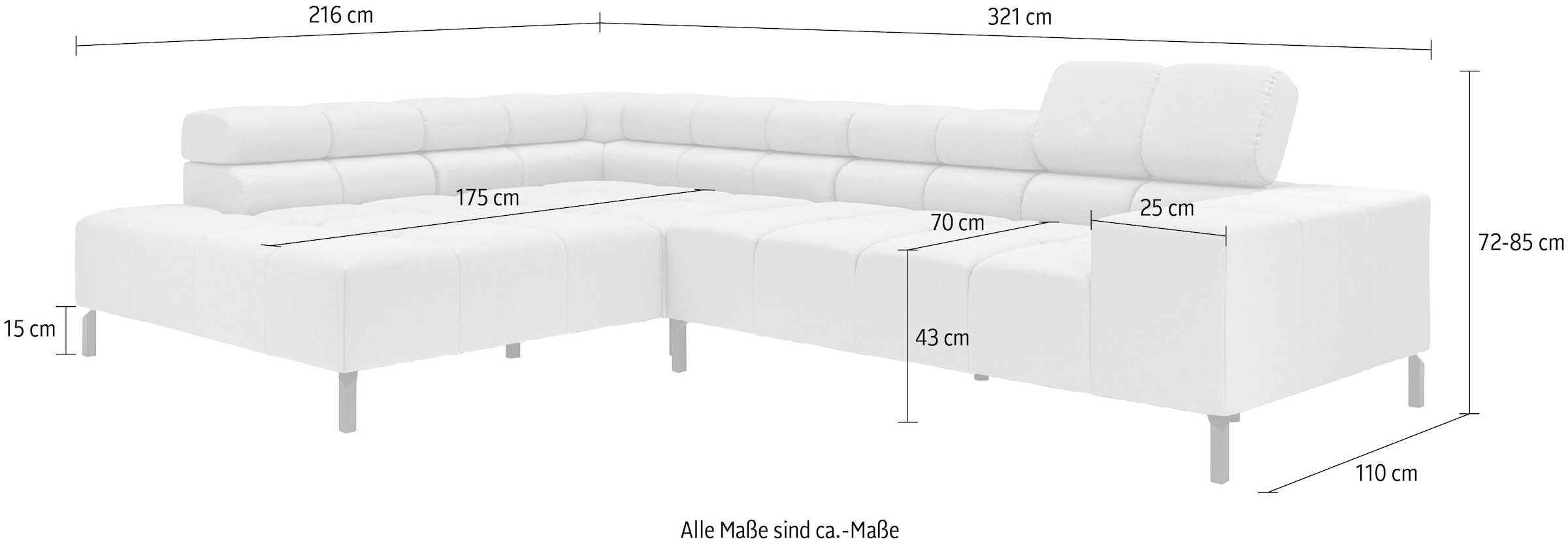 INOSIGN Ecksofa »Ancona New, wahlweise motorische Sitztiefenverstellung, auch in Cord«, feine Steppung, mit Kopfteilverstellung, 3 Zierkissen, L-Form