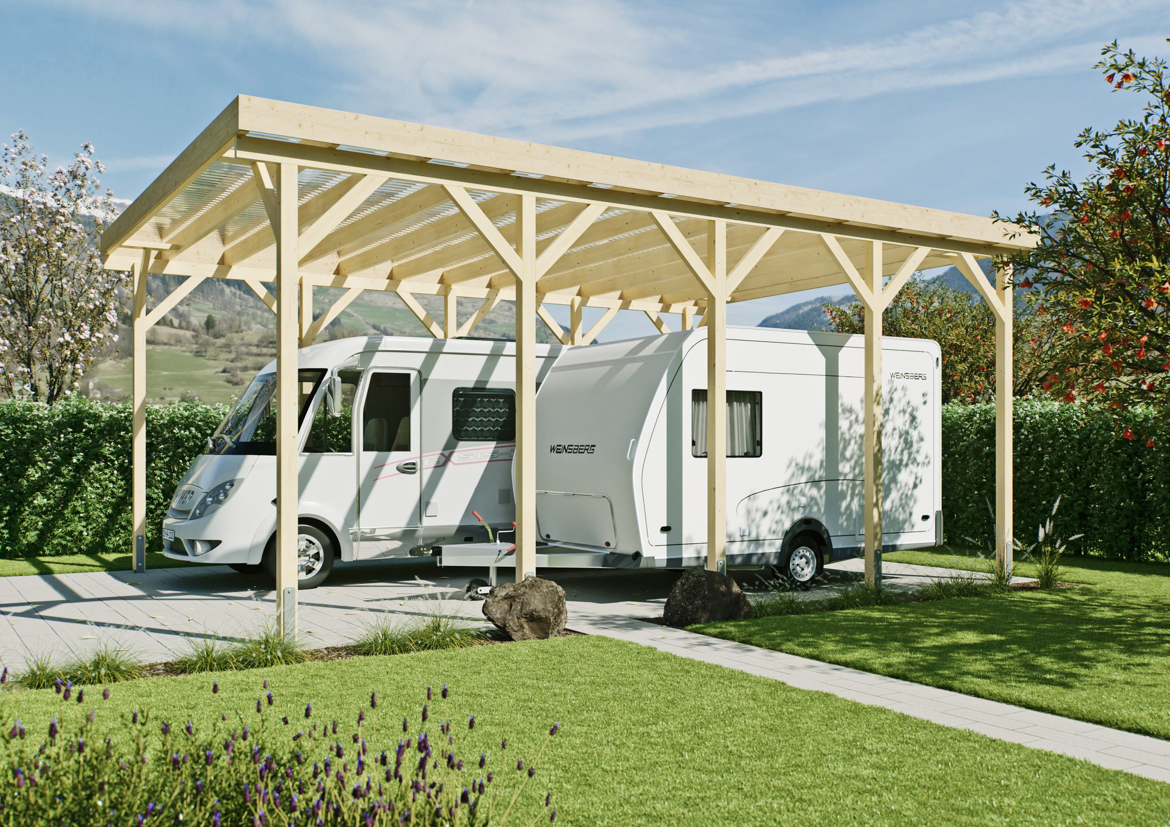 Doppelcarport KONIFERA, beige, Carports, "Pluto III", für Wohnmobile, Leimholz naturbelassen, PET-Flachdach lichtdurchlässig