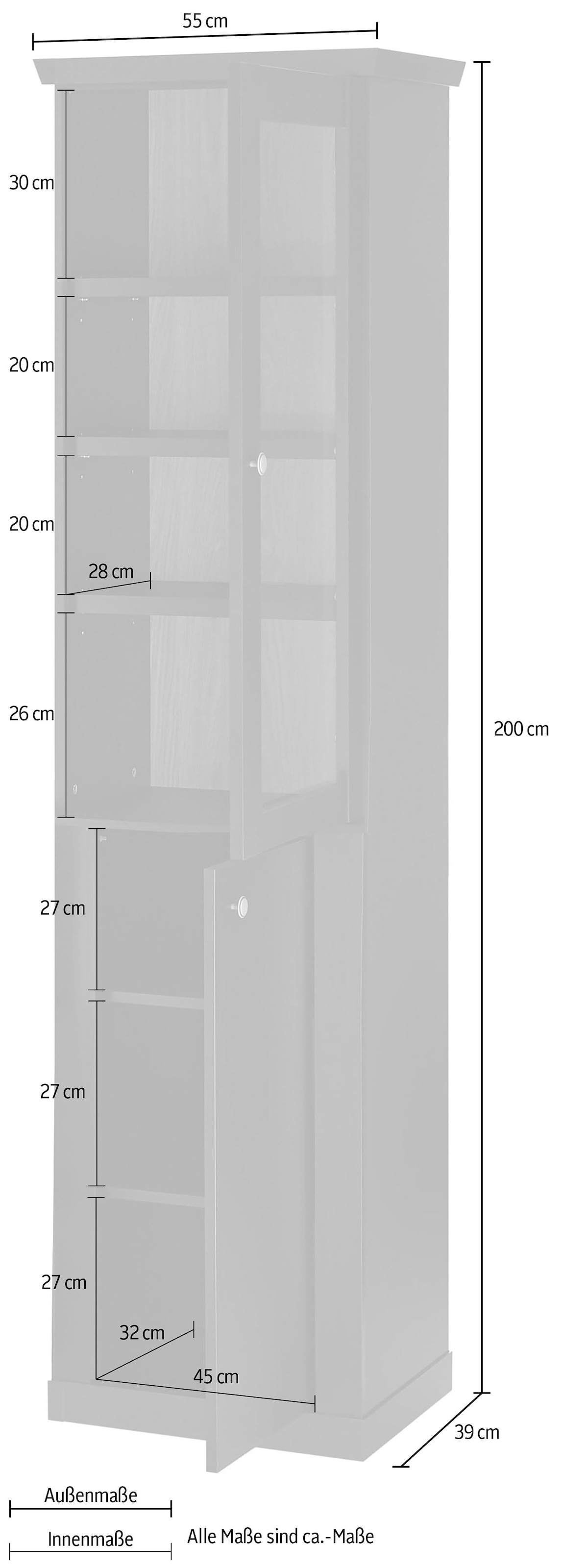Home affaire Vitrine »Lincoln, Hochschrank im Landhausstil, moderne Glasvitrine« edles Design, messingfarbene Knopfgriffe, vielseitig einsetzbar