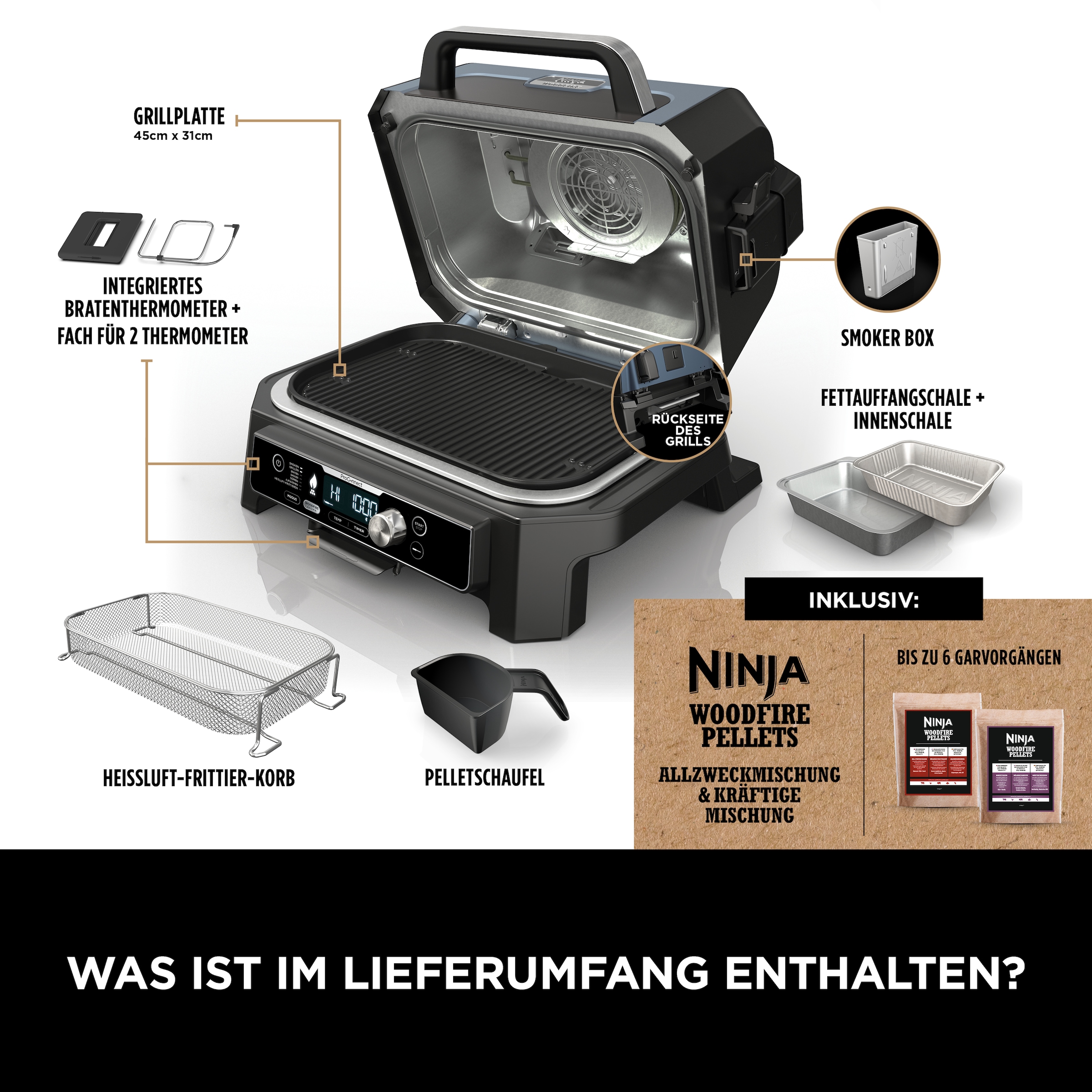 NINJA Tischgrill »Woodfire Pro Connect XL OG901EU«, 1700 W, Elektrischer Outdoor Grill & Smoker