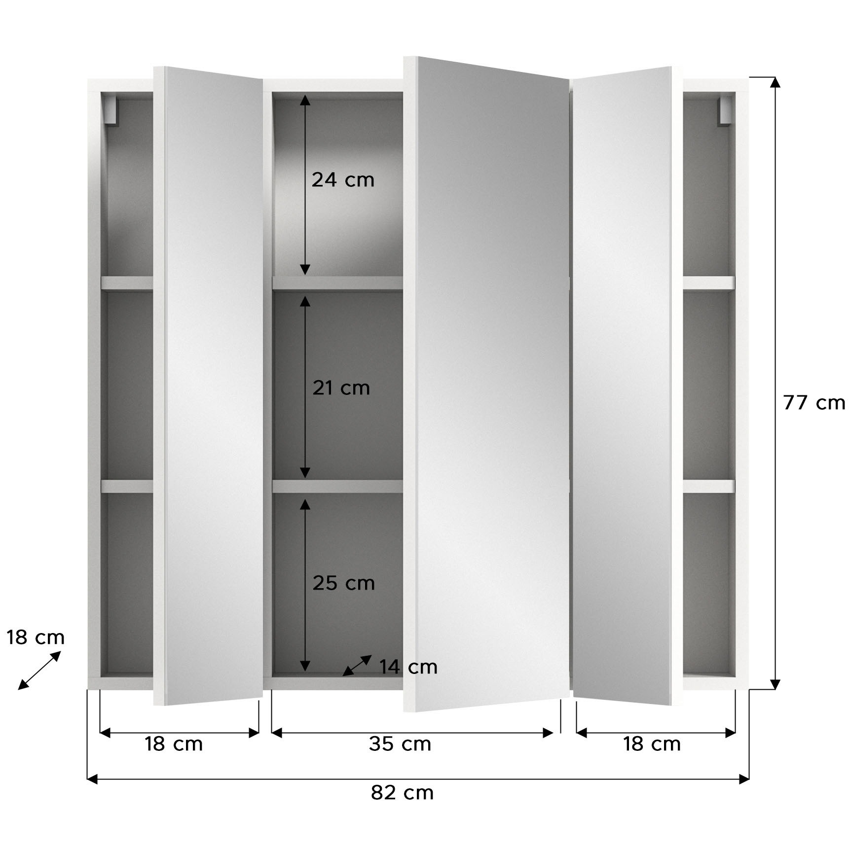 welltime Spiegelschrank »BIEL, TOPSELLER!, Breite 82 cm, 3 Türen, 6 Einlegeböden, 9 Fächer«, (1 St.), Badmöbel, Badschrank, Schrank, Wandschrank, Bad, Badezimmer