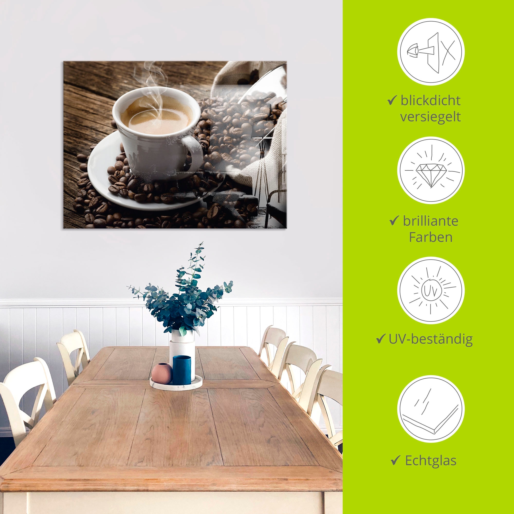 Artland Glasbild »Heißer Kaffee - dampfender Kaffee«, Getränke, (1 St.)